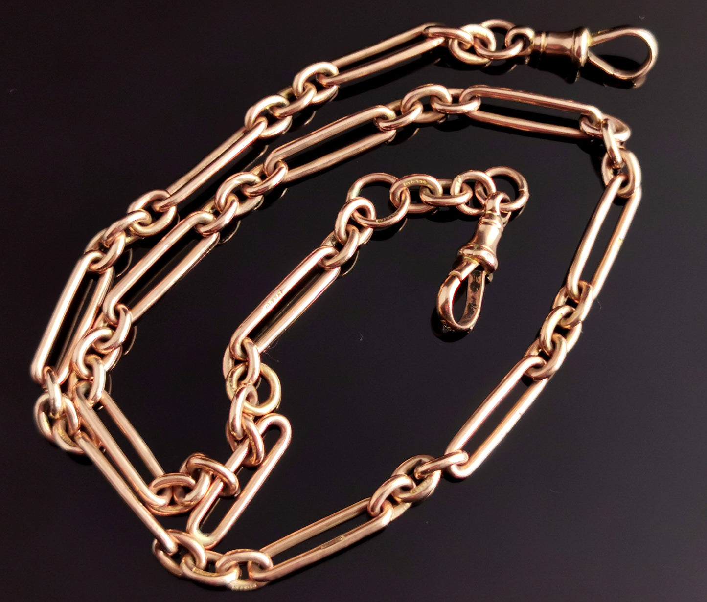 Antique 9ct Rose gold Albert chain, watch chain necklace, Trombone link