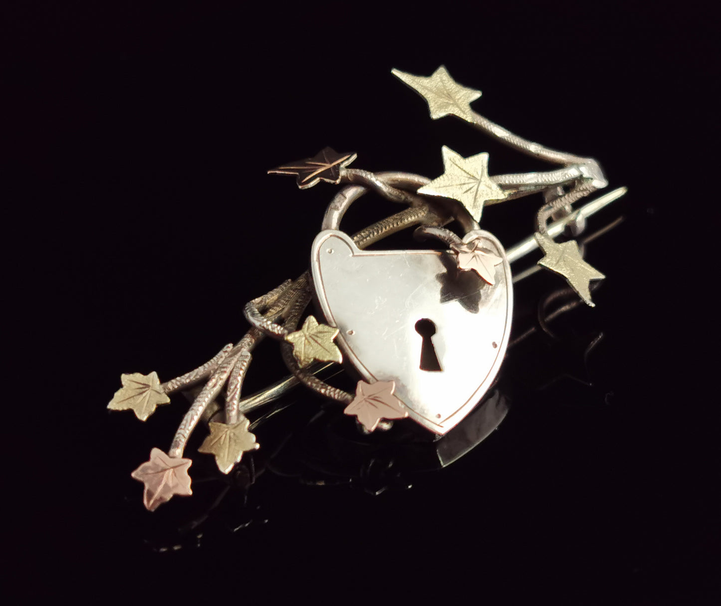 Victorian silver Ivy and Heart padlock brooch, 9ct gold, Aesthetic