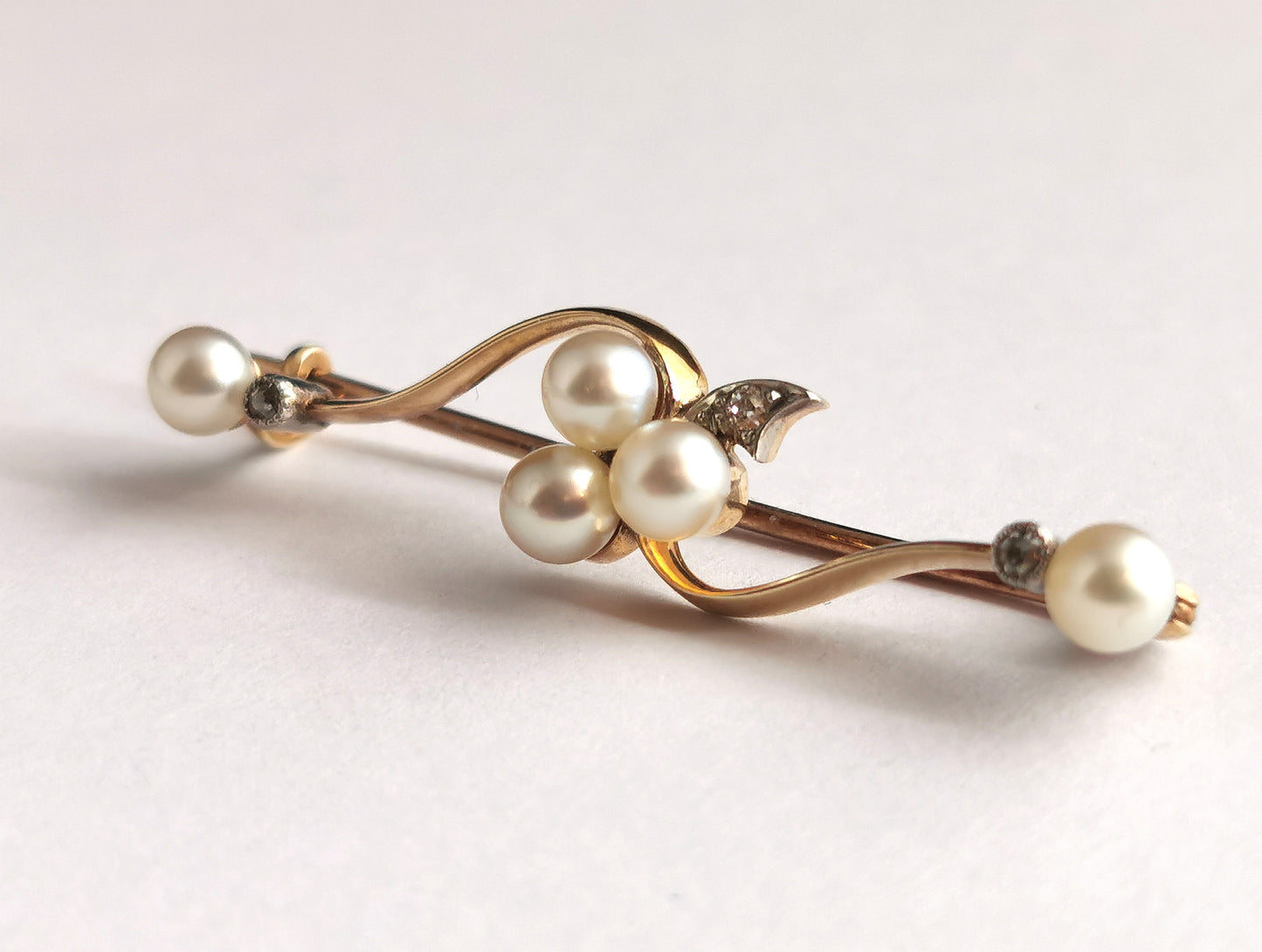 Antique Diamond and pearl shamrock brooch, 9ct gold and silver