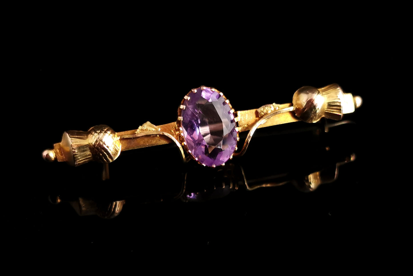 Antique Scottish thistle brooch, Amethyst and 9ct gold
