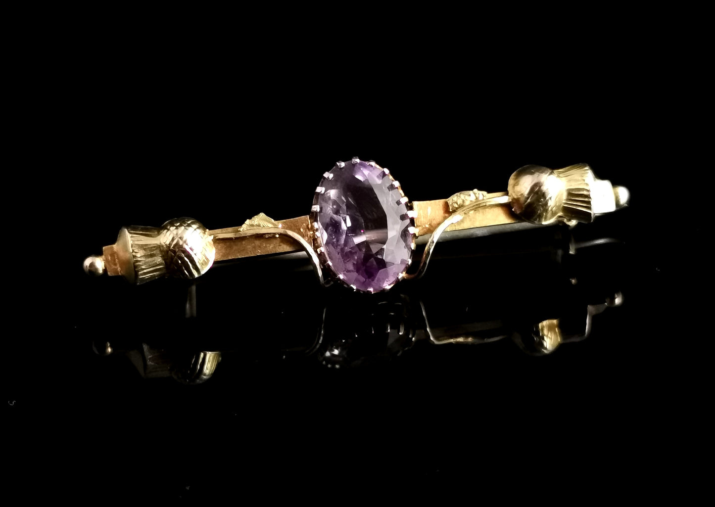 Antique Scottish thistle brooch, Amethyst and 9ct gold