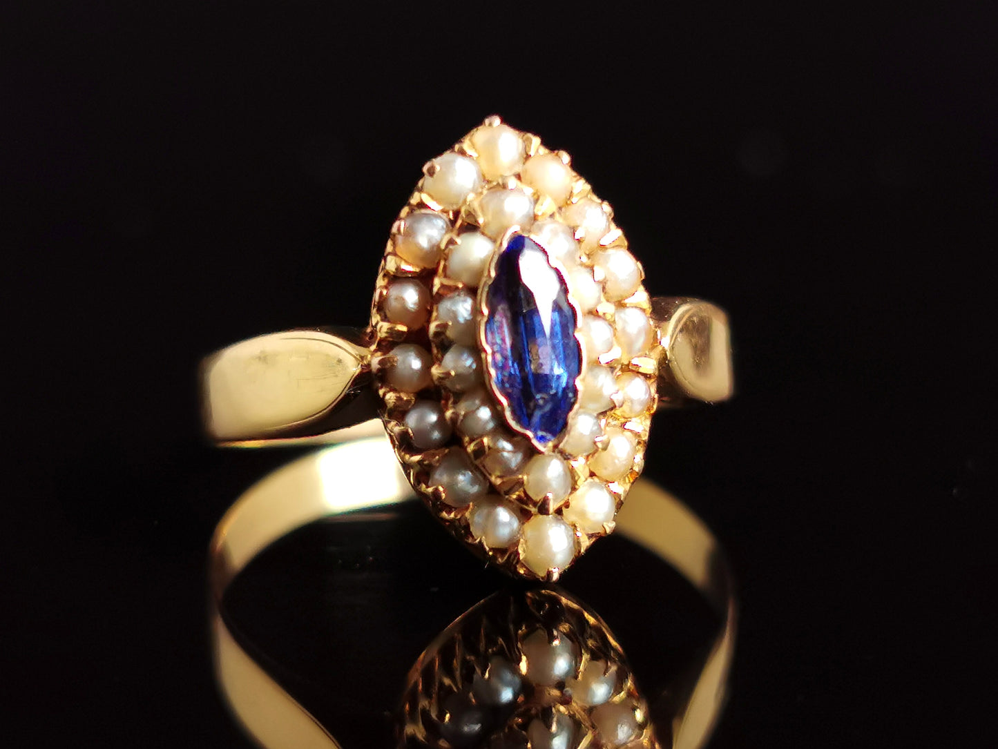 Antique blue paste and seed pearl navette ring, 9ct yellow gold