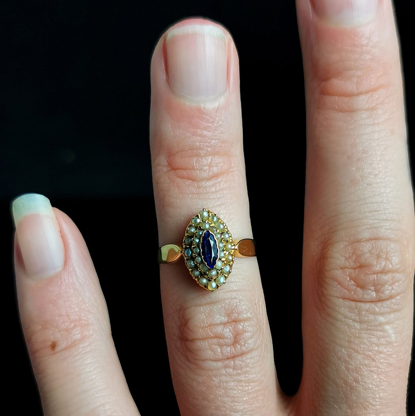 Antique blue paste and seed pearl navette ring, 9ct yellow gold