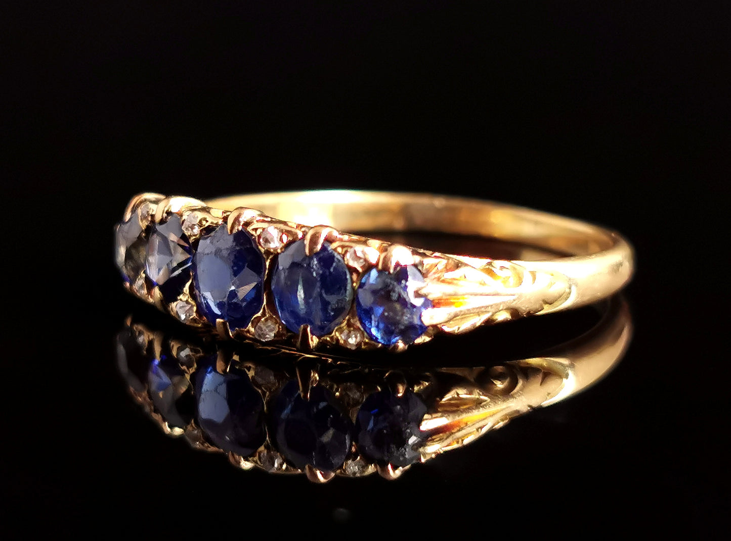 Antique Sapphire and diamond five stone ring, 18ct gold, Victorian