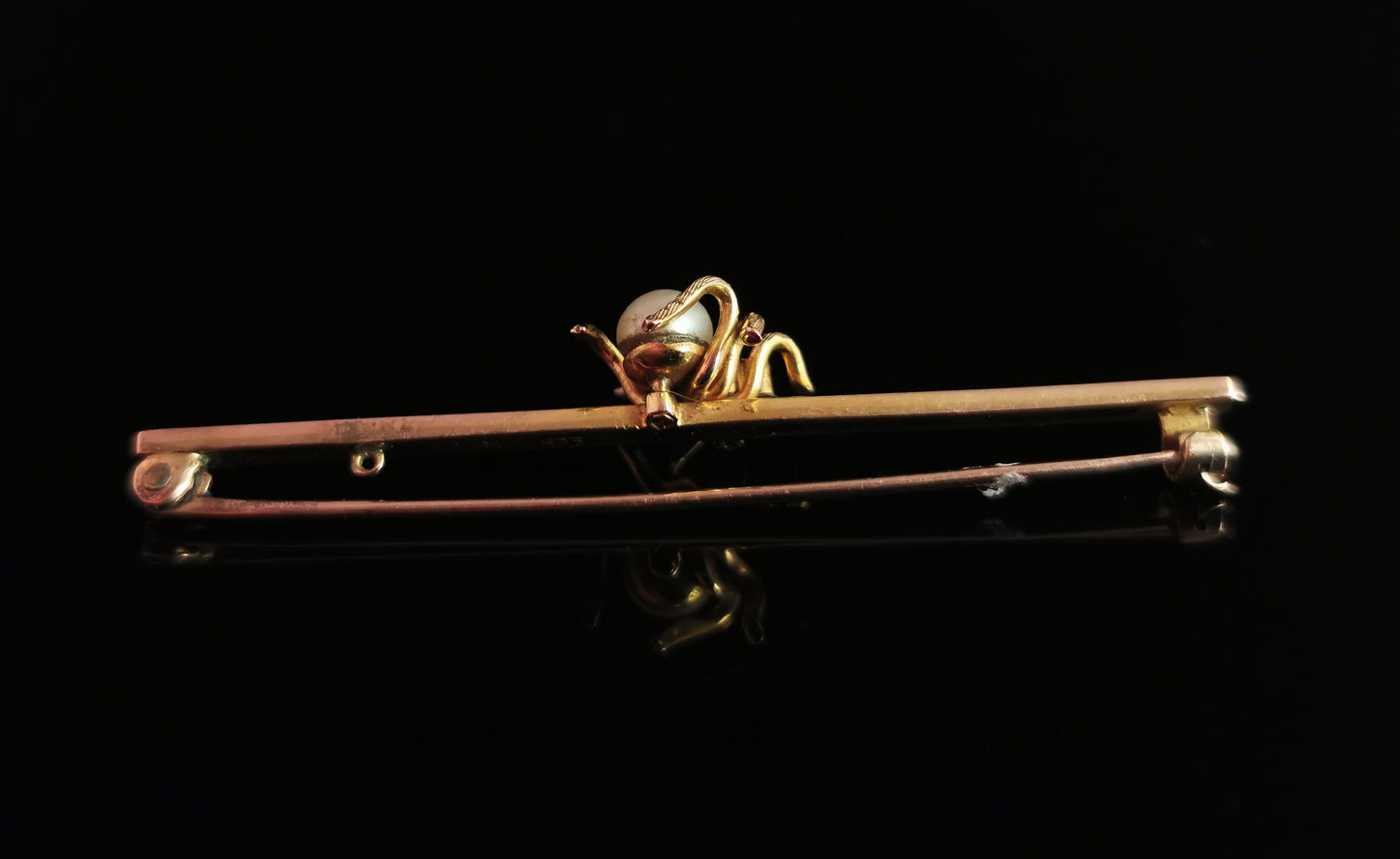 Antique 9ct gold Spider brooch, Demantoid garnet and pearl, Edwardian