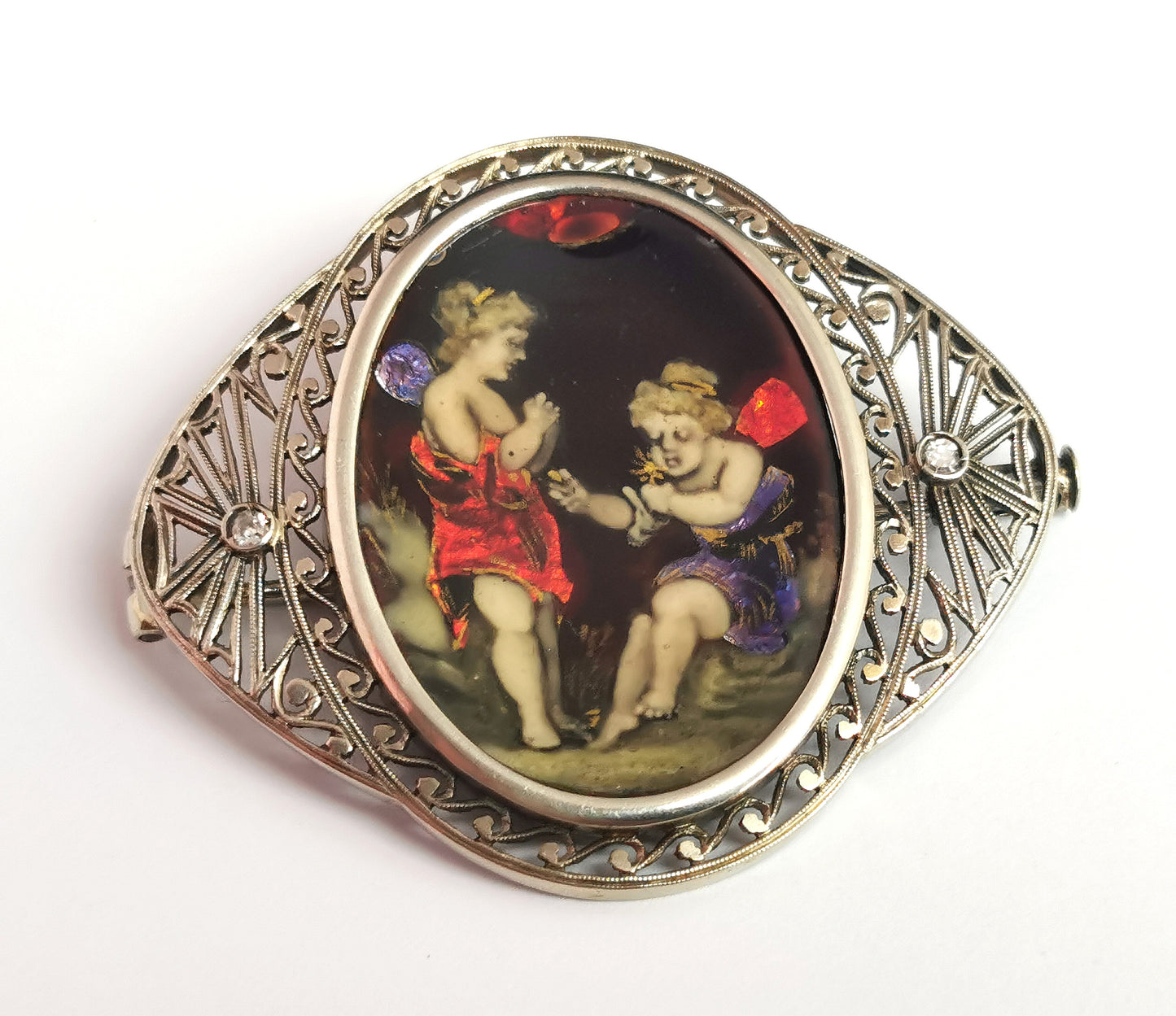 Antique enamelled fairies brooch, 18ct gold and Diamond, Art Nouveau