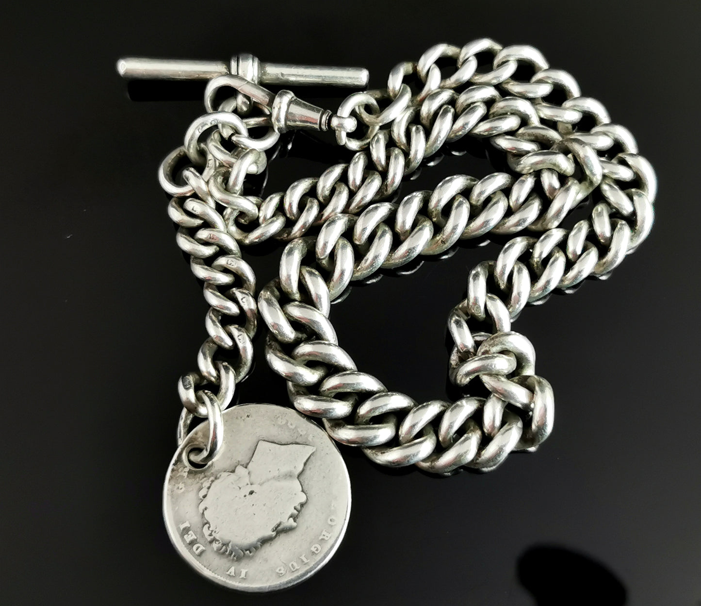 Antique Victorian silver Albert chain, watch chain Coin fob