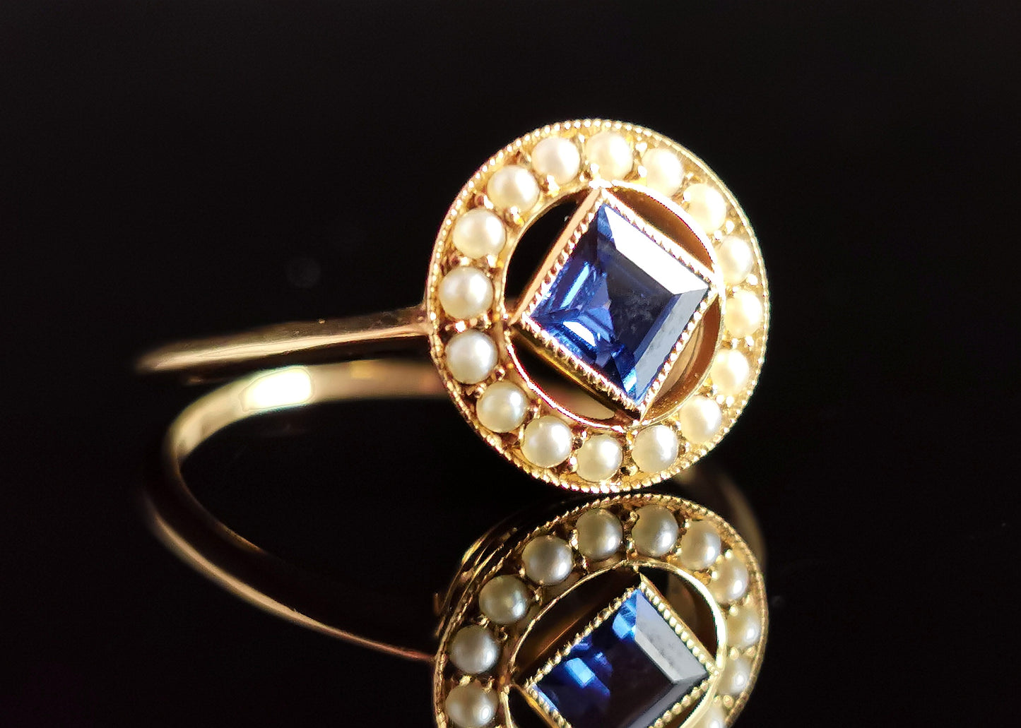 Antique Sapphire and pearl halo ring, 18ct gold, Art Deco