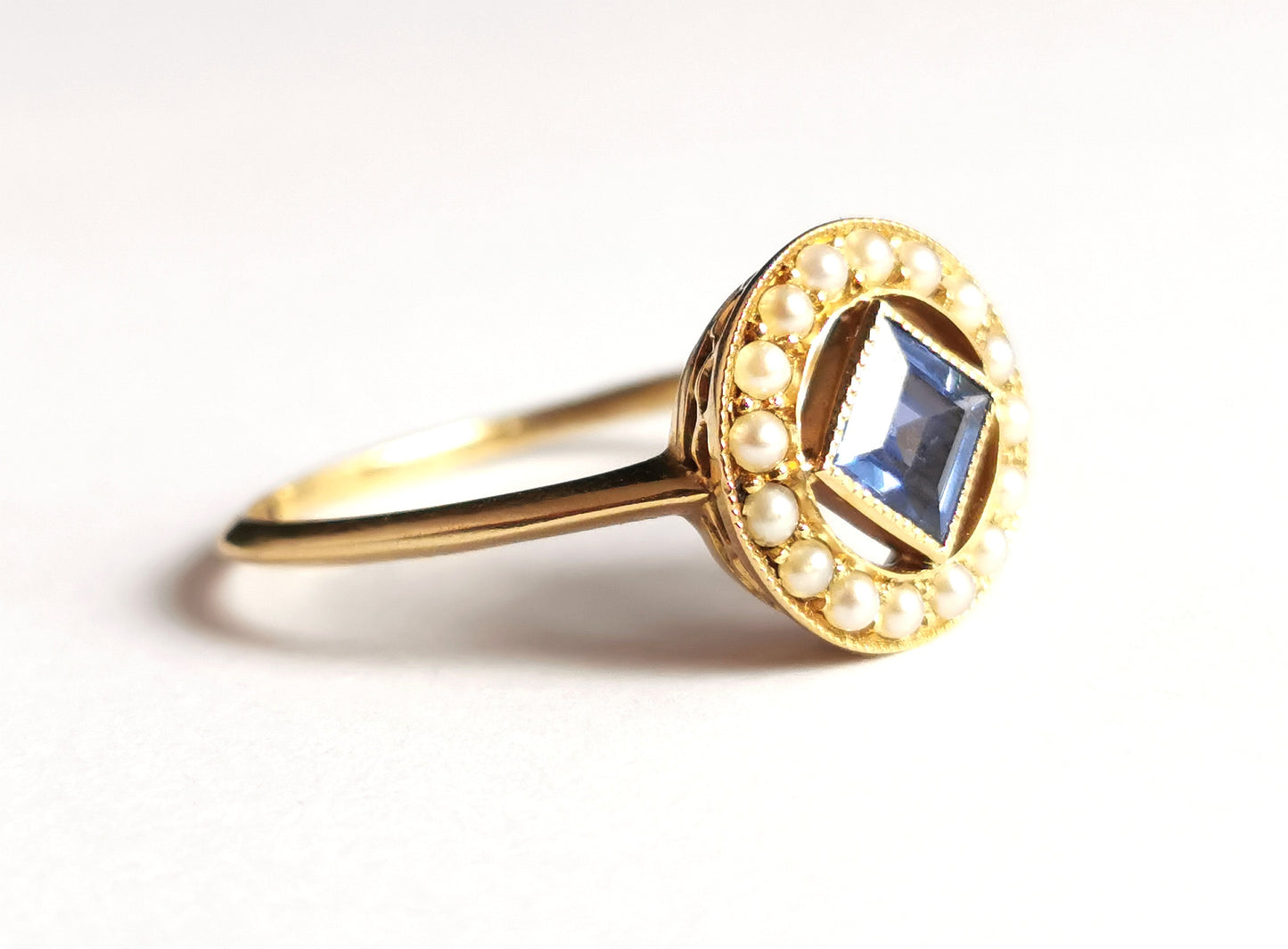 Antique Sapphire and pearl halo ring, 18ct gold, Art Deco