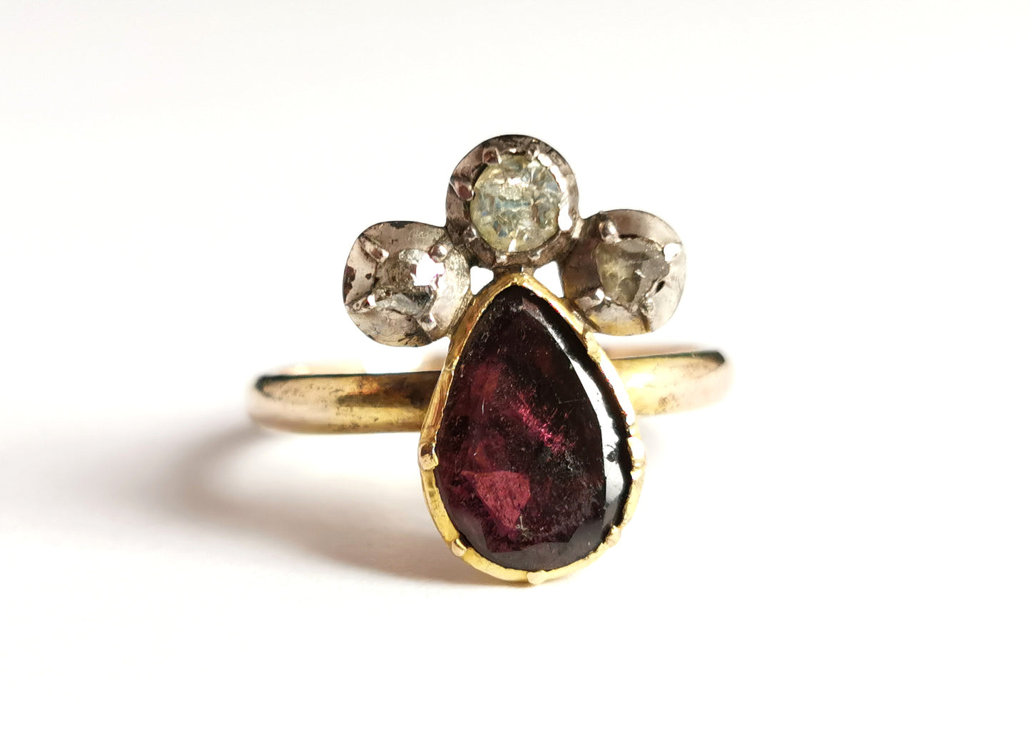 Reserved: Antique Georgian crowned heart ring, Flat cut garnet, Rose cut diamond, 9ct gold