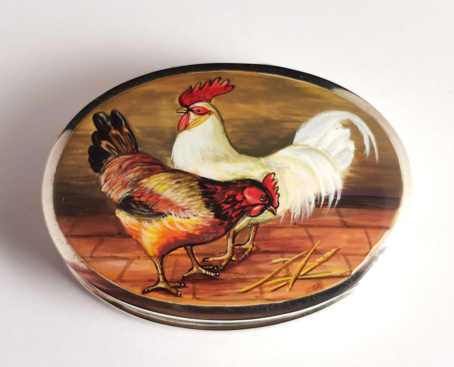 Vintage Sterling silver and Enamel snuff box, Cock and Hen