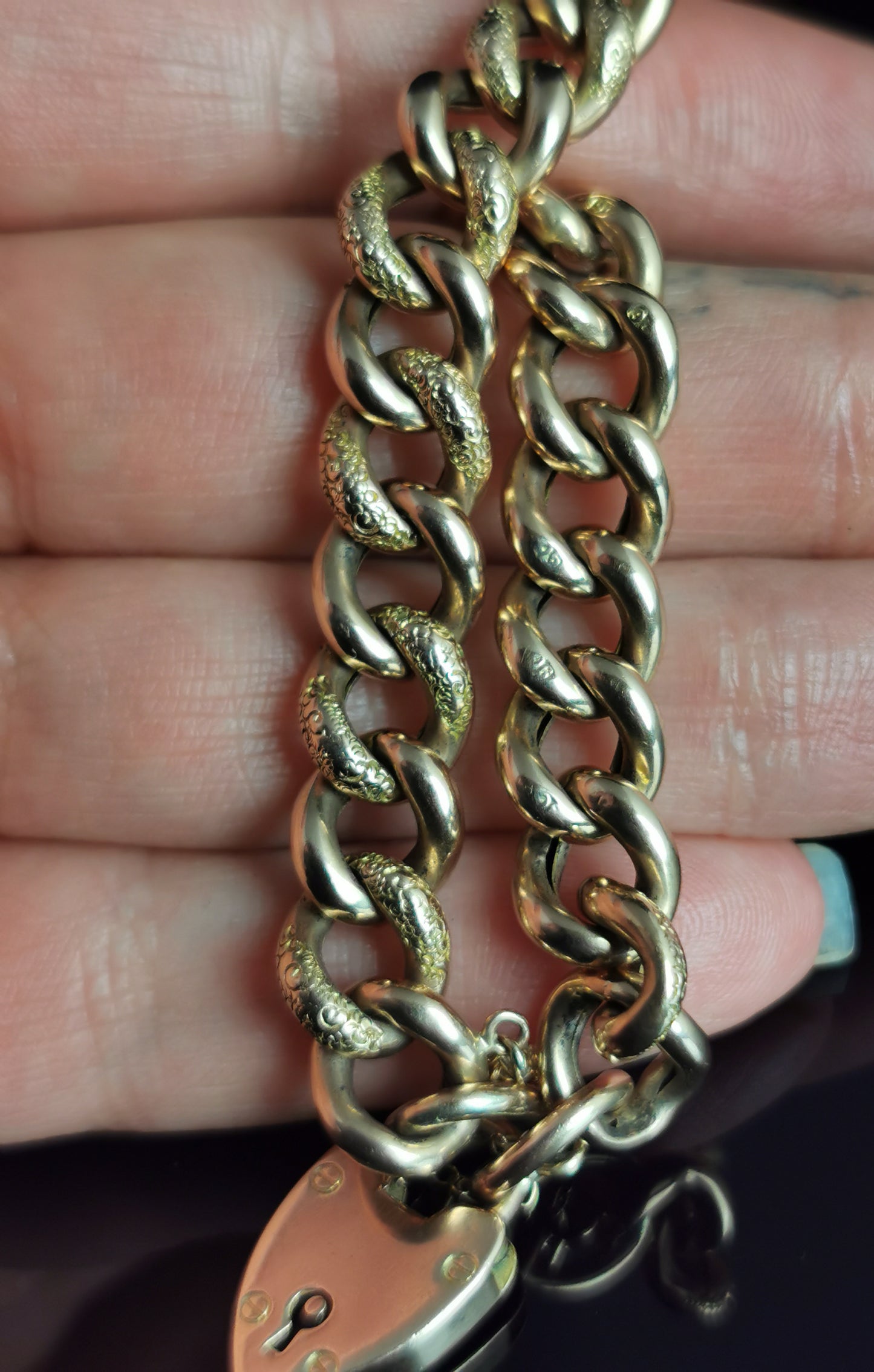 Antique 9ct gold curb link bracelet, Victorian, Day to night