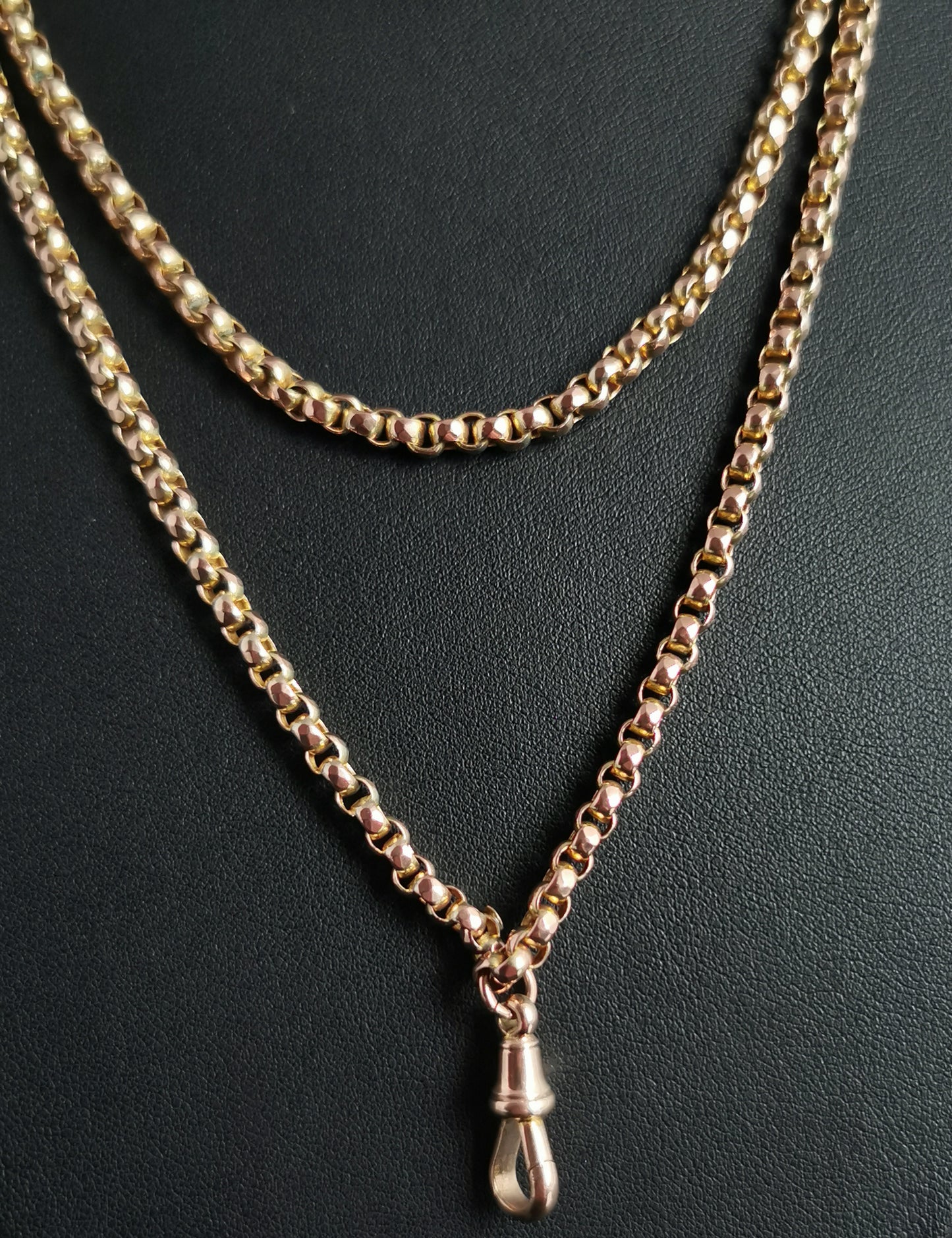 Antique 9ct gold long chain, longuard l, muff chain necklace, Victorian
