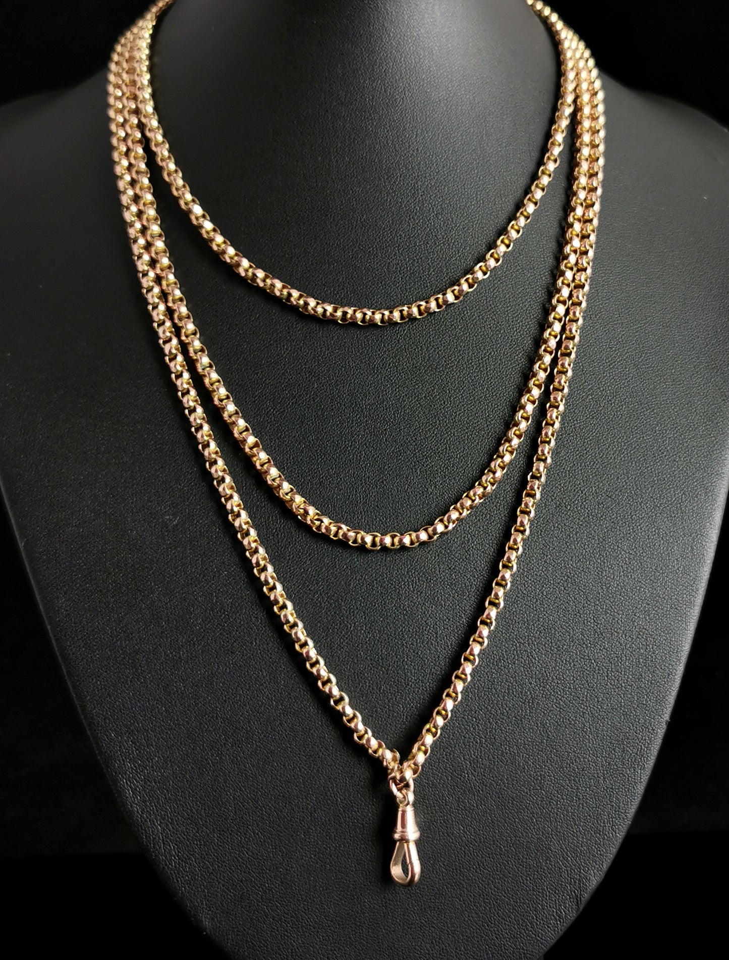 Antique 9ct gold long chain, longuard l, muff chain necklace, Victorian