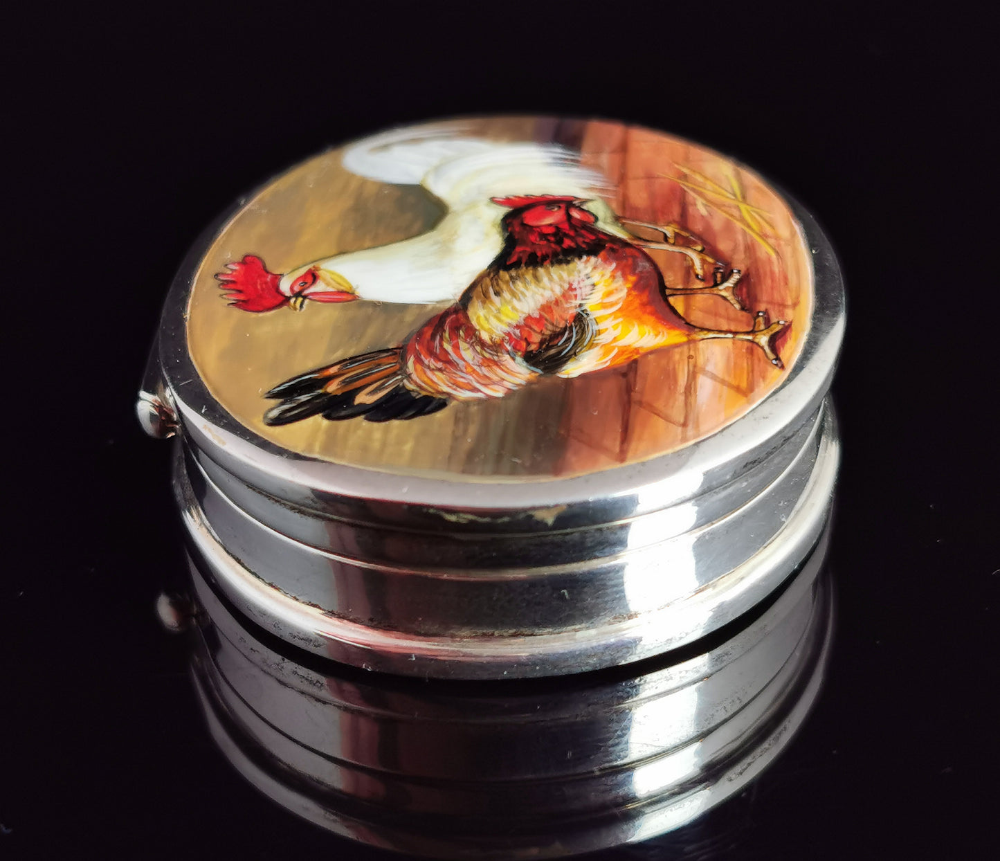 Vintage Sterling silver and Enamel snuff box, Cock and Hen