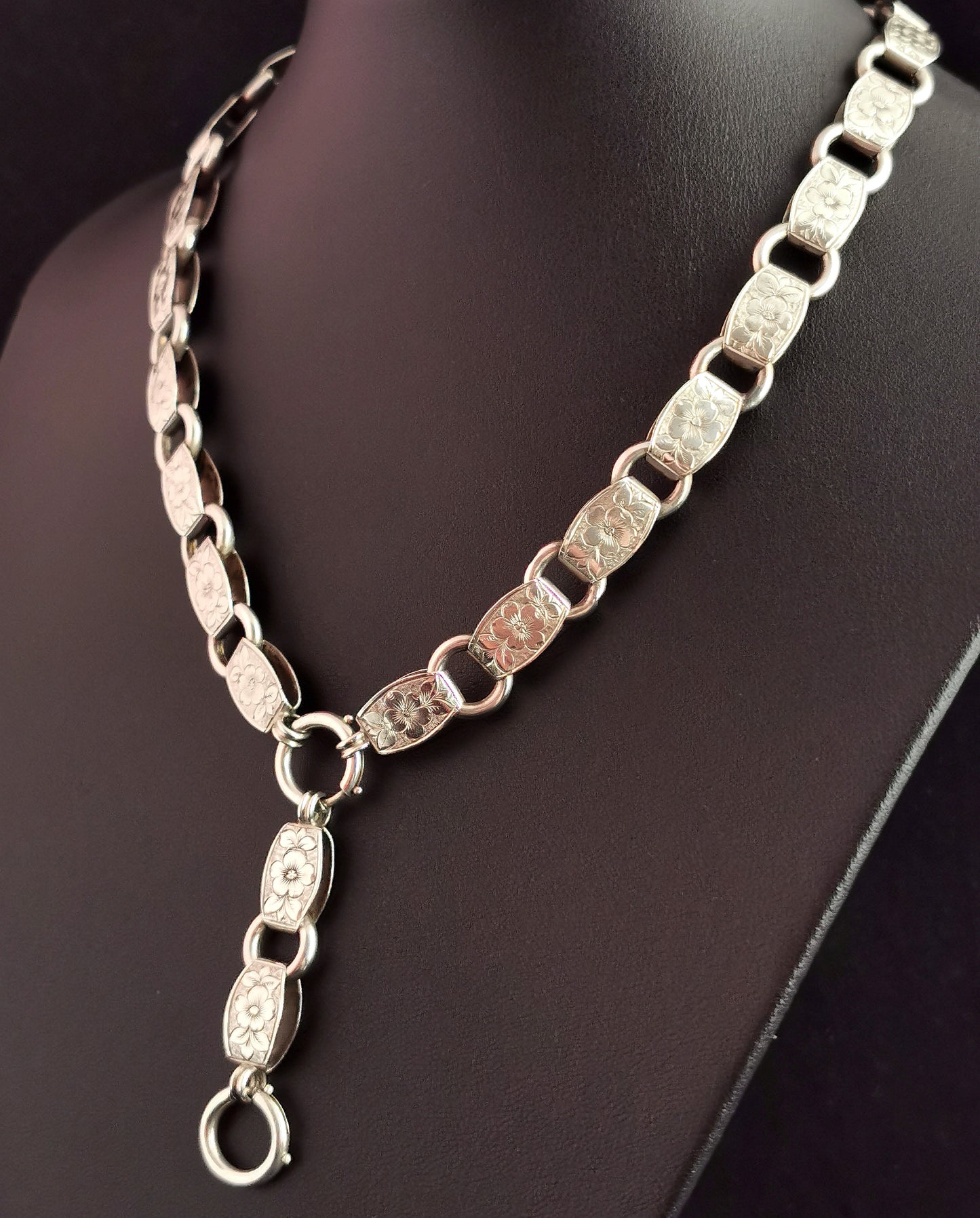 Antique Victorian silver collar necklace, Floral book chain, Day to night