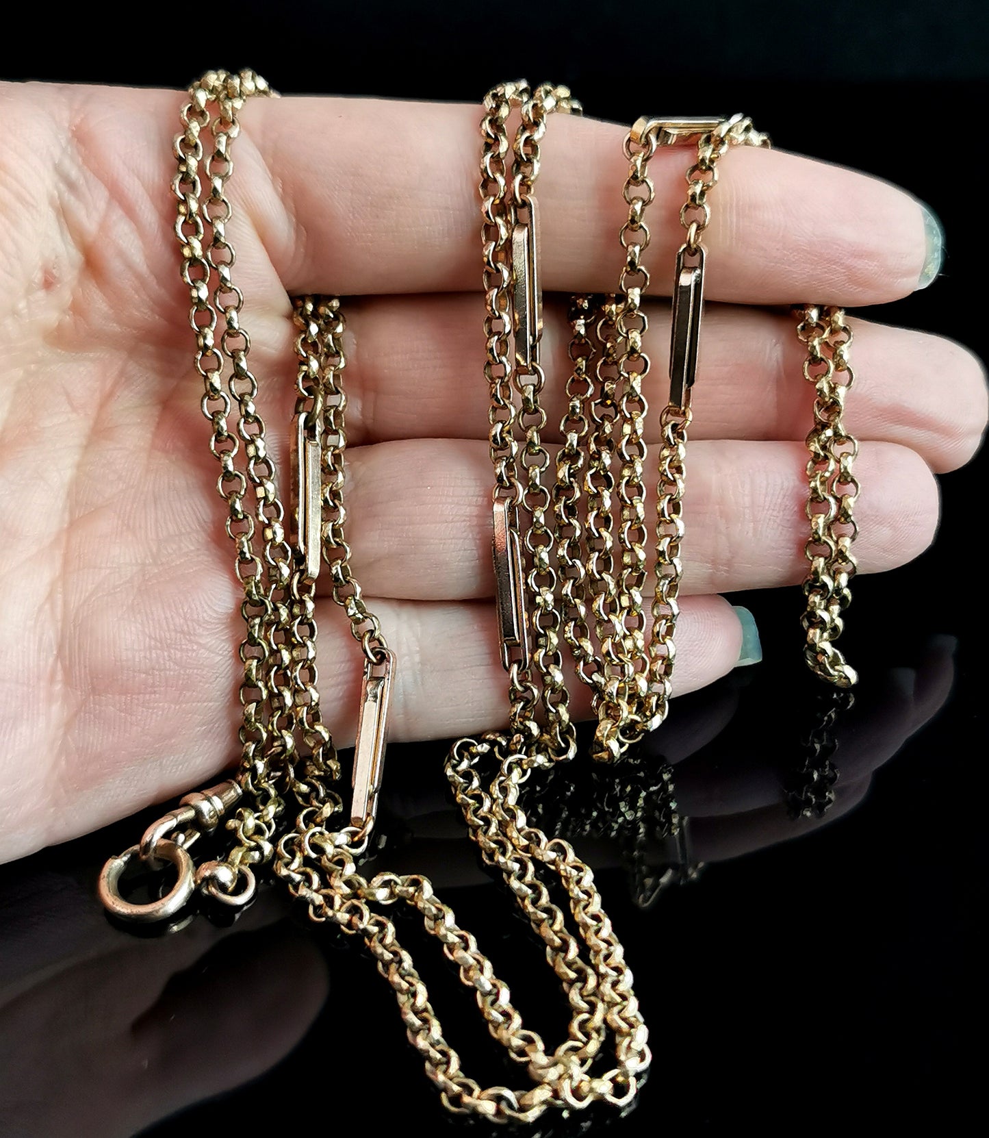 Victorian fancy link longuard chain, muff chain necklace, gold plated