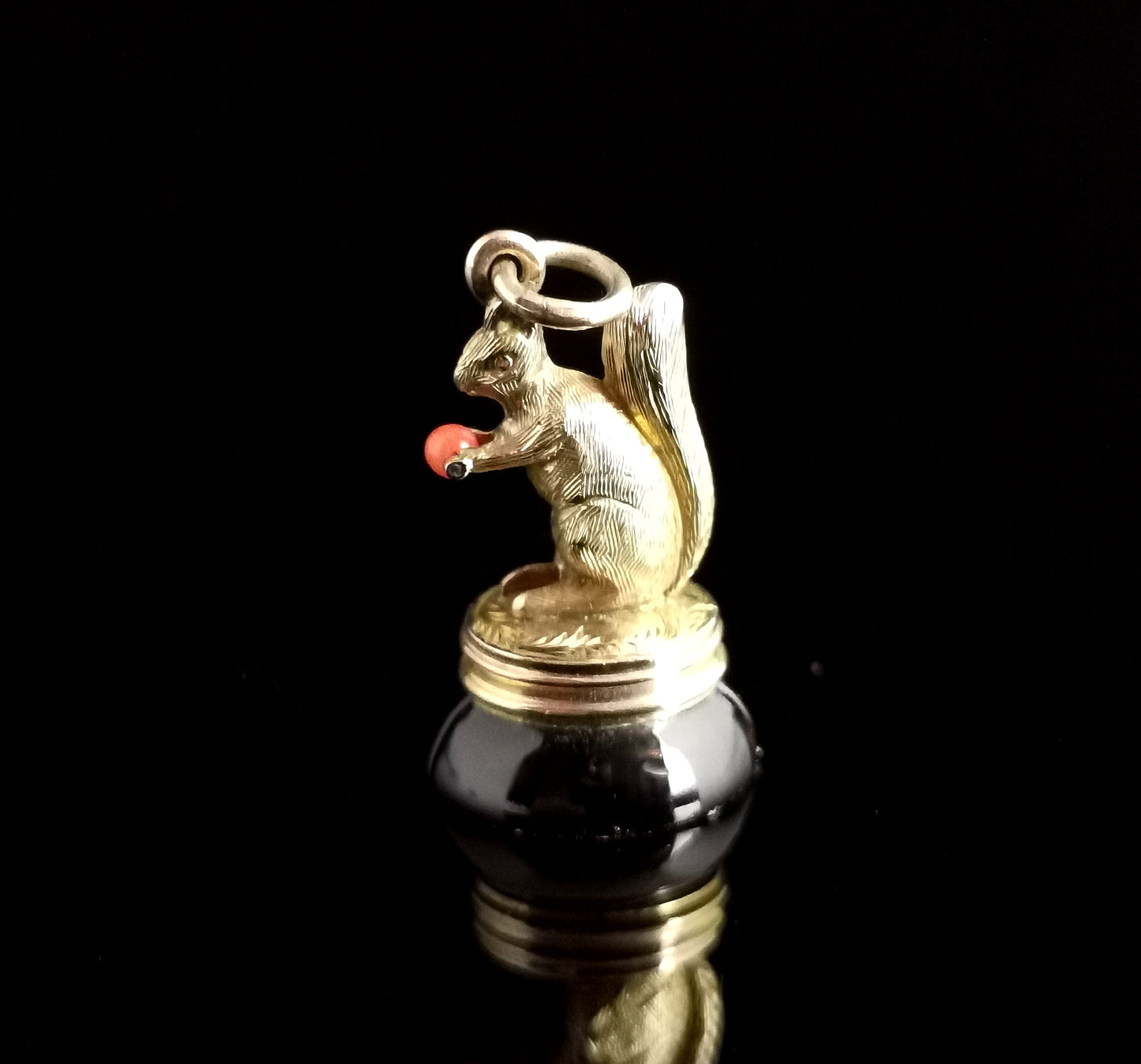 Antique gold squirrel figural seal fob, 9ct gold, Banded agate and coral