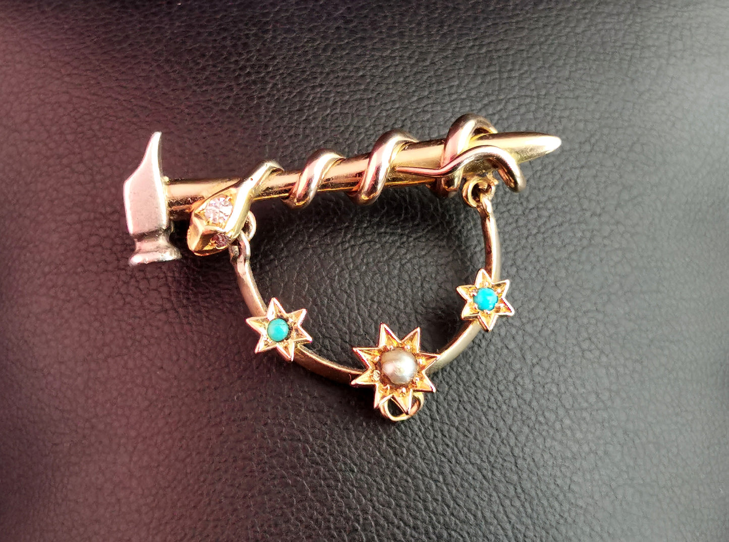 Antique Snake, Hammer and Stars brooch, 9ct gold and silver, Diamond, Ruby, Turquoise and pearl