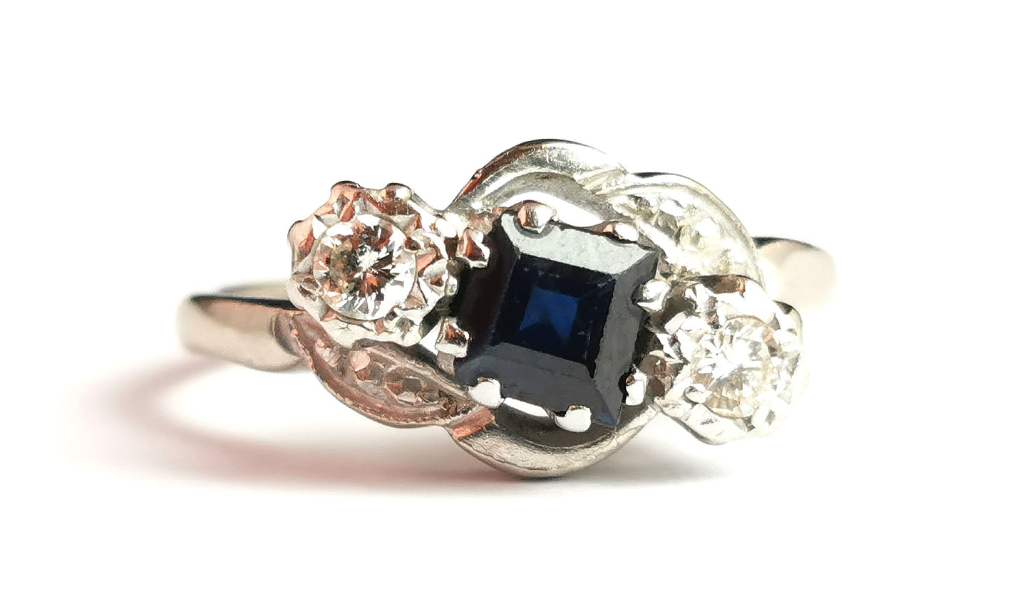 Art Deco French cut Sapphire and diamond ring, 18ct white gold