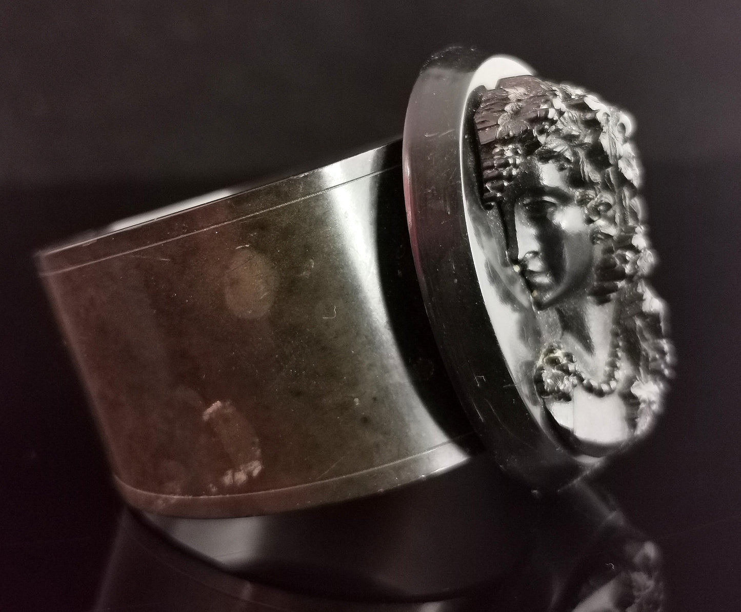 Antique Victorian Vulcanite and Jet cameo bangle, cuff bracelet