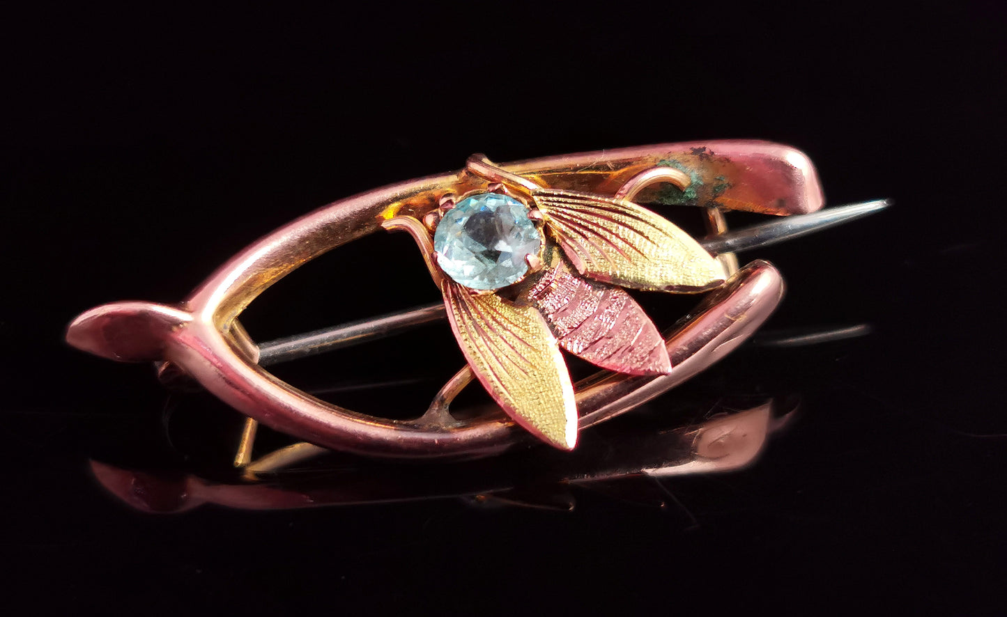 Antique Fly and Wishbone brooch, bi colour 9ct gold