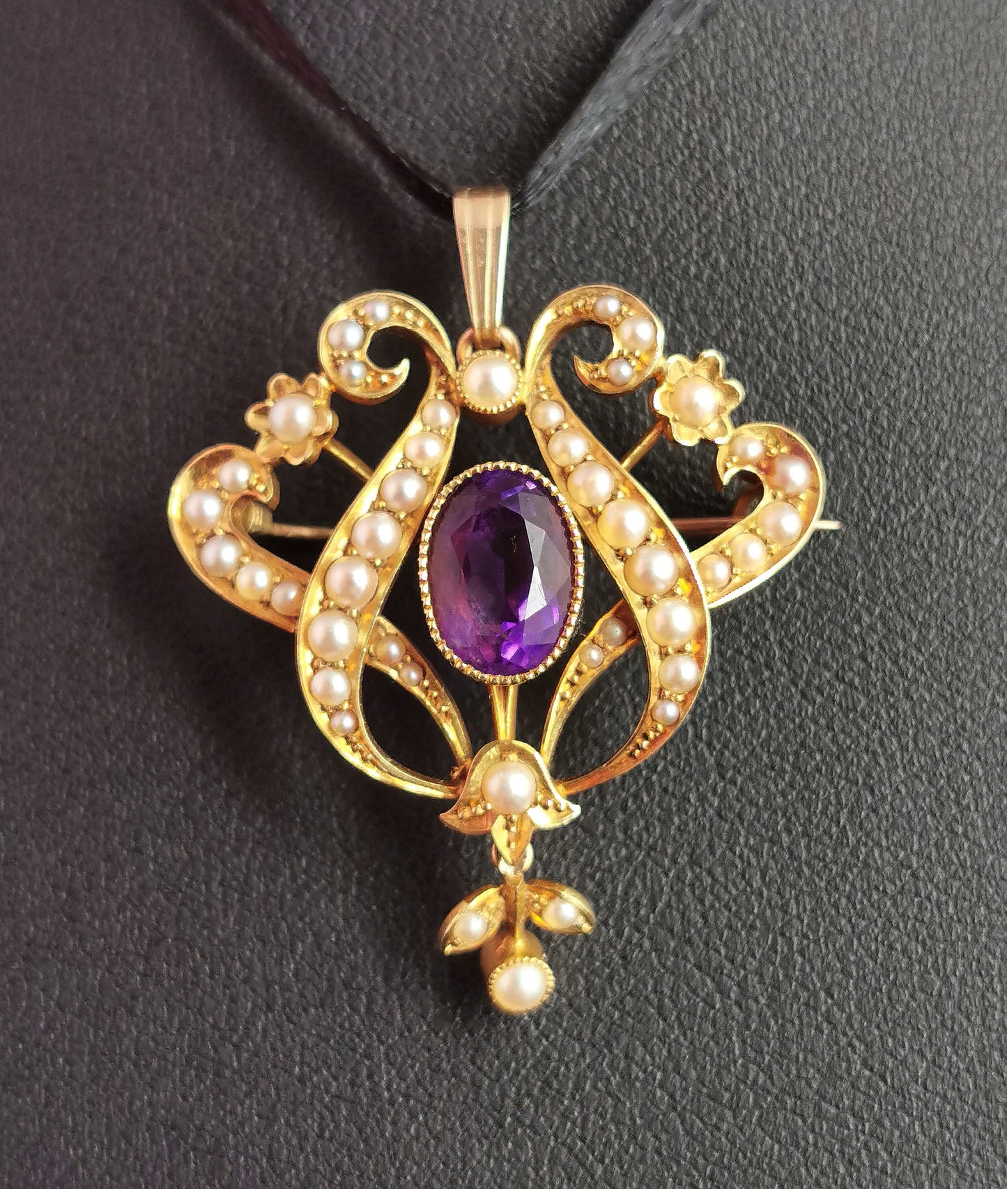 Antique Art Nouveau Amethyst and pearl pendant brooch, 15ct gold