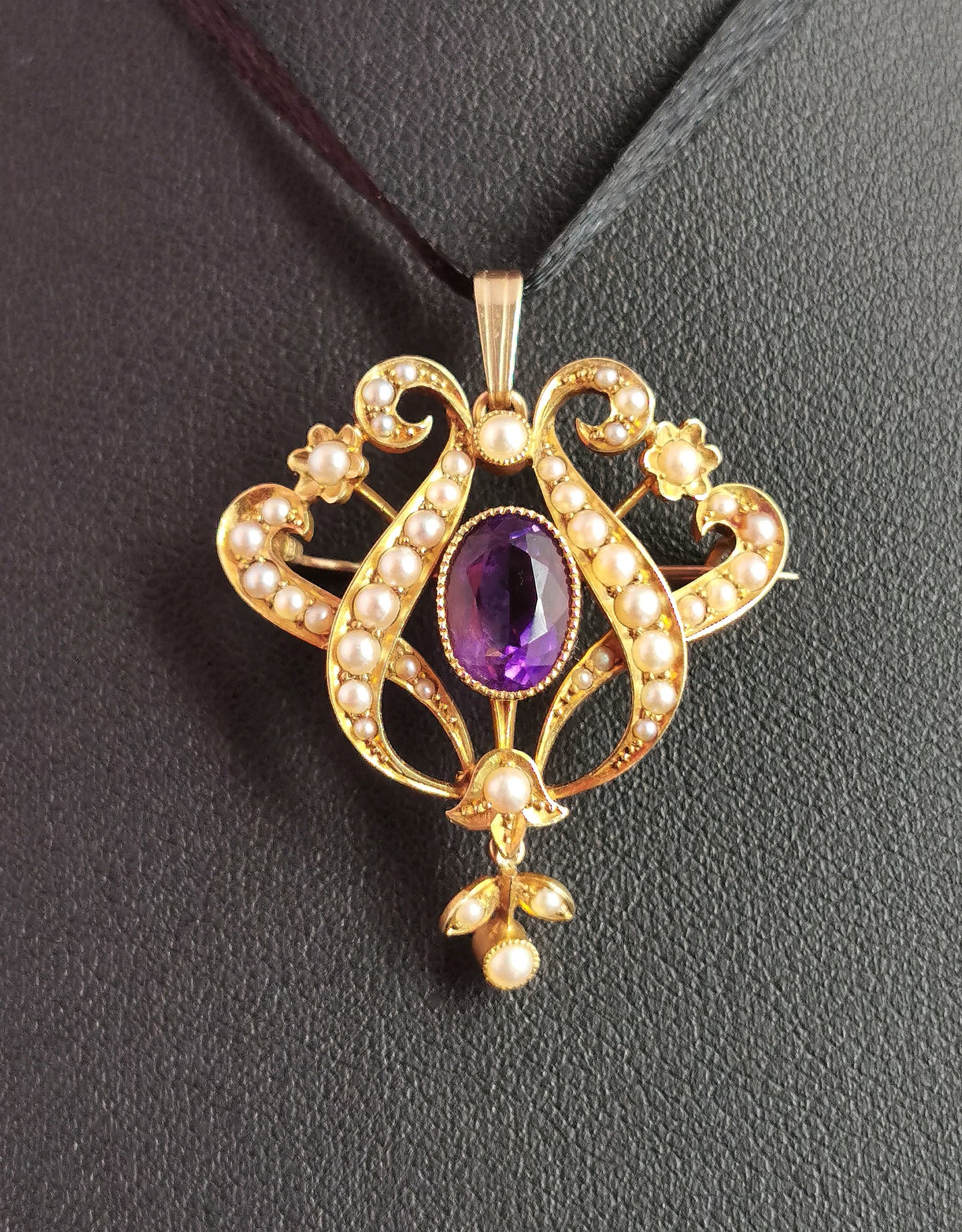 Antique Art Nouveau Amethyst and pearl pendant brooch, 15ct gold