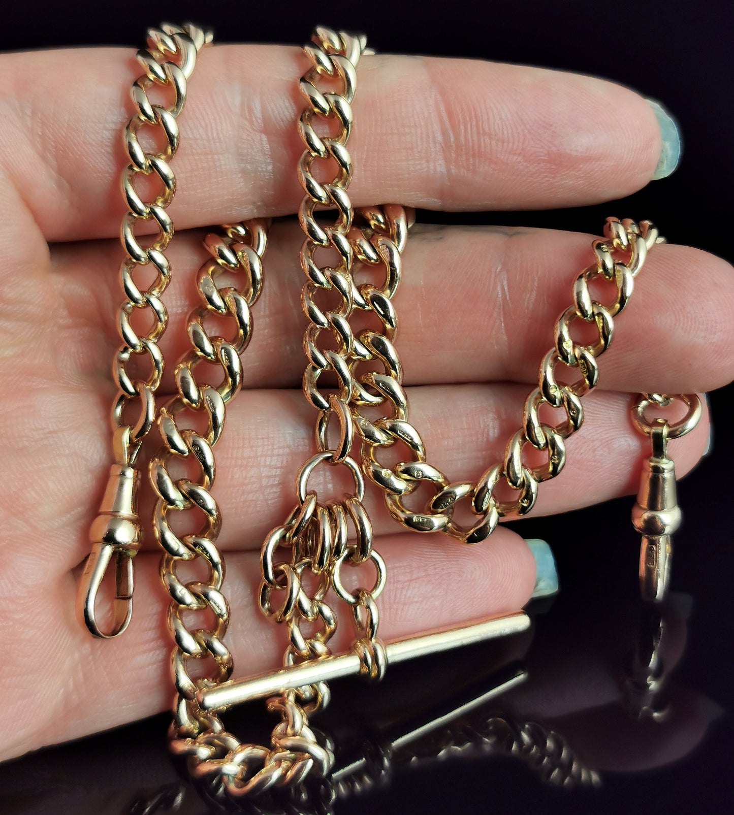 Antique 9ct Rose gold Albert chain, watch chain necklace, Edwardian, heavy