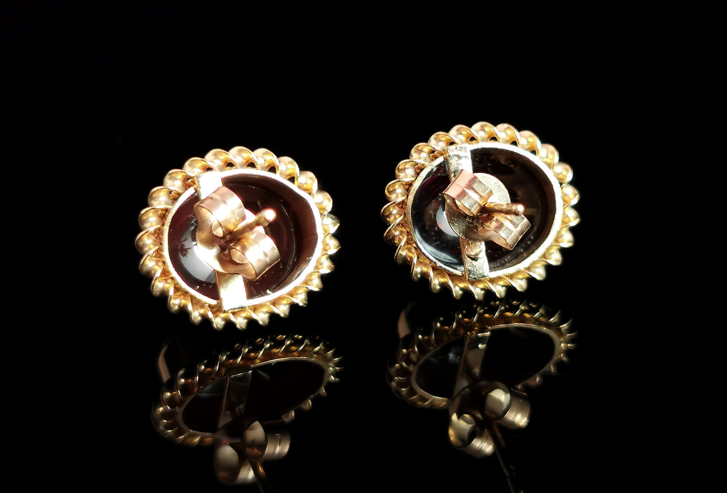Vintage garnet cabochon earrings, 9ct gold