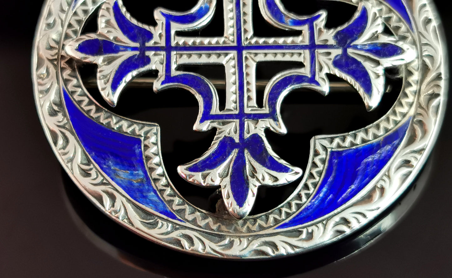 Antique Scottish celtic Cross brooch, sterling silver and blue enamel, Victorian