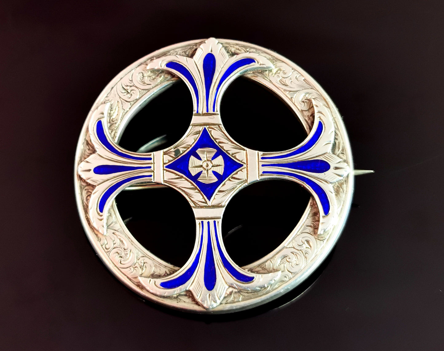 Antique Scottish silver and enamel brooch, Celtic Cross, Victorian