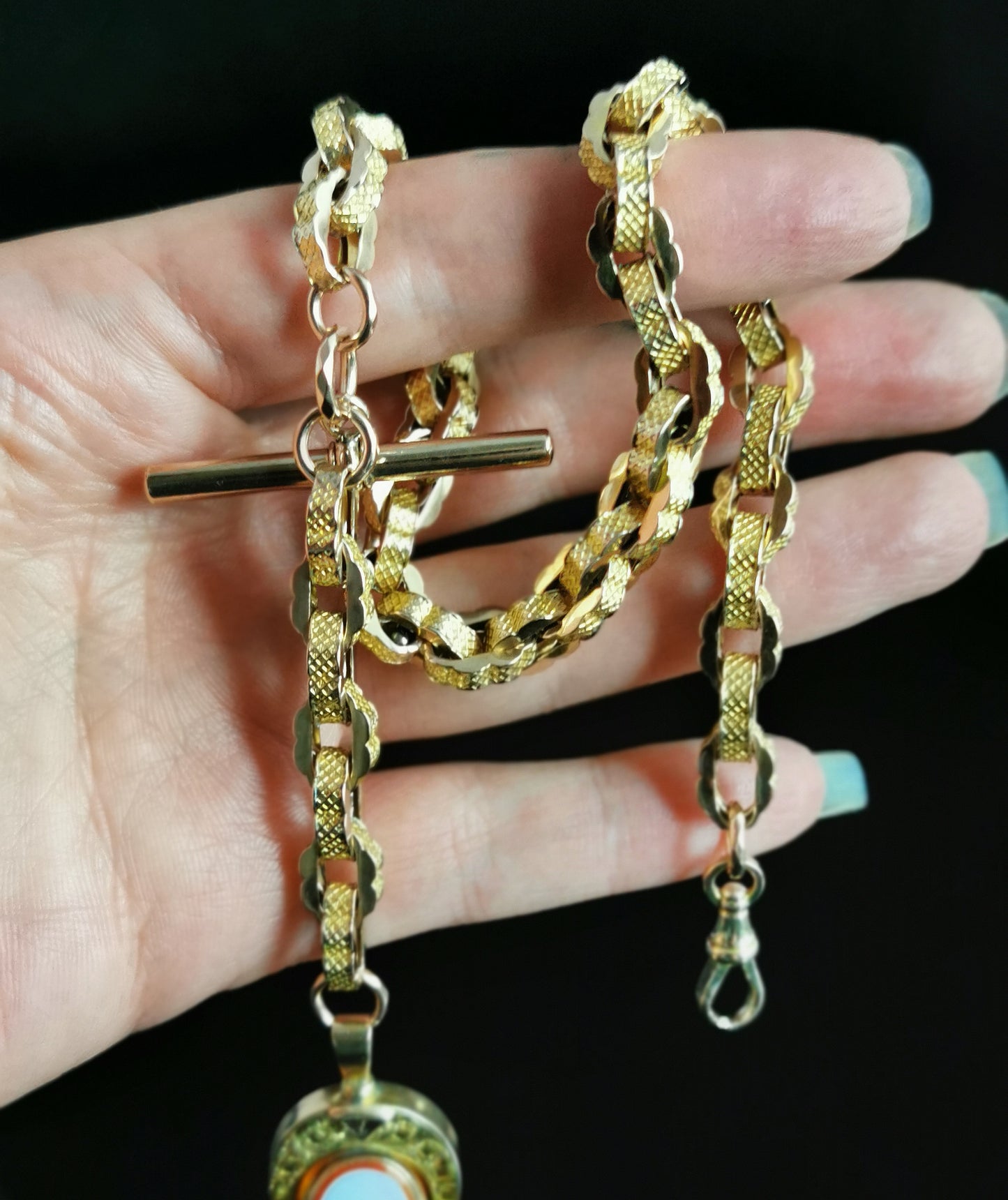 Antique 9ct yellow gold fancy link Albert chain, watch chain necklace, Horseshoe swivel fob