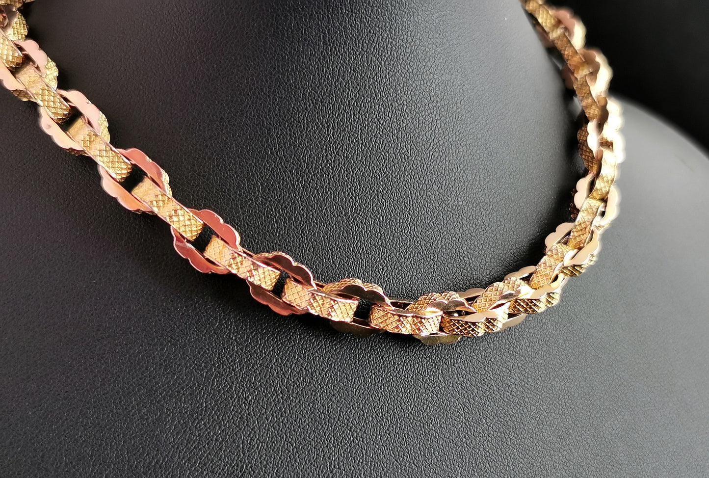 Antique 9ct yellow gold fancy link Albert chain, watch chain necklace, Horseshoe swivel fob