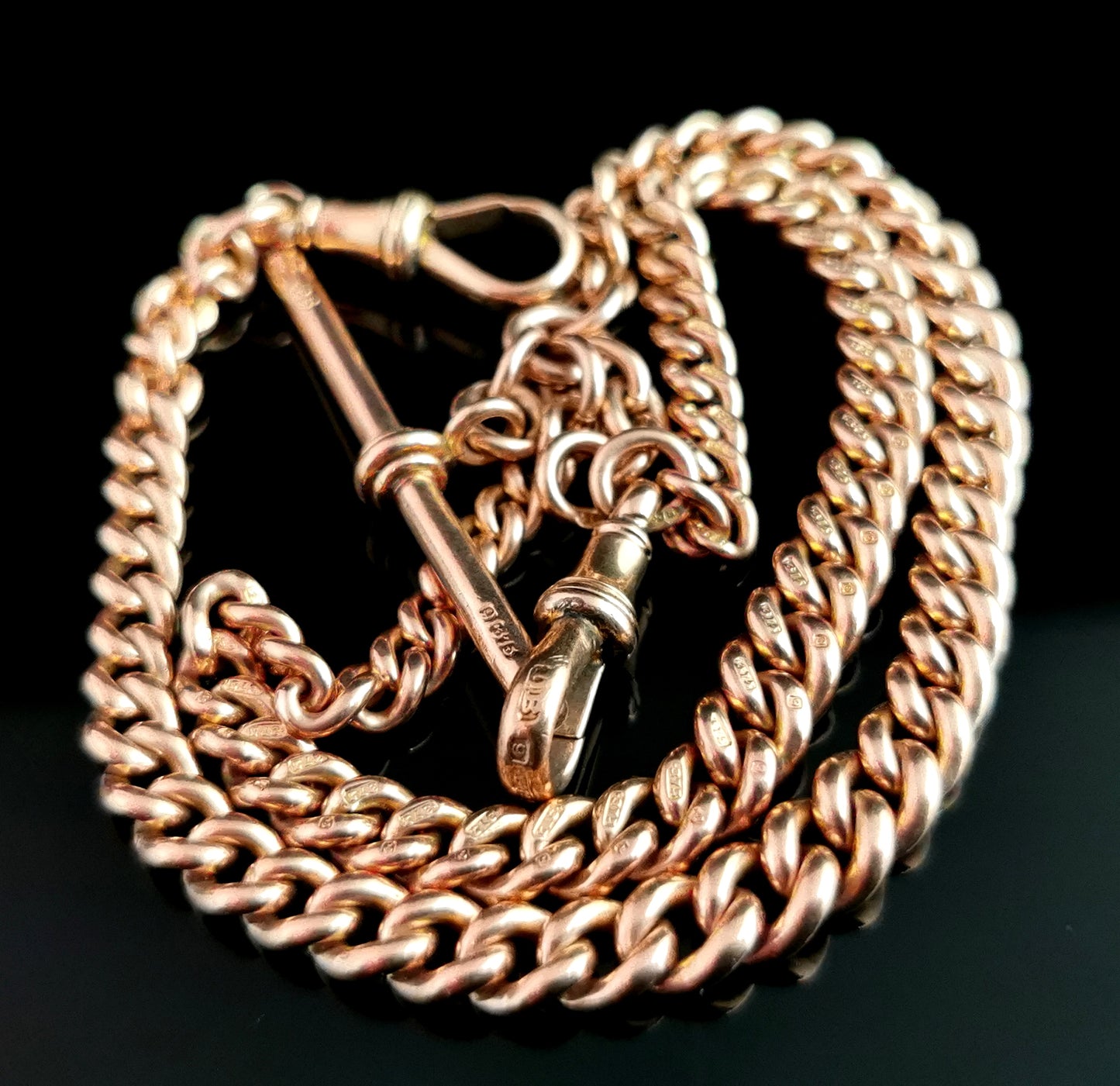 Reserved: Antique 9ct Rose gold Albert chain, curb link, watch chain necklace, Edwardian