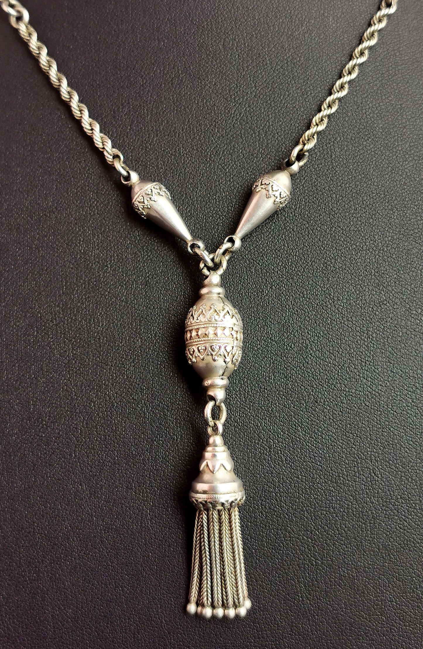 Antique Victorian silver tassel necklace, rope twist
