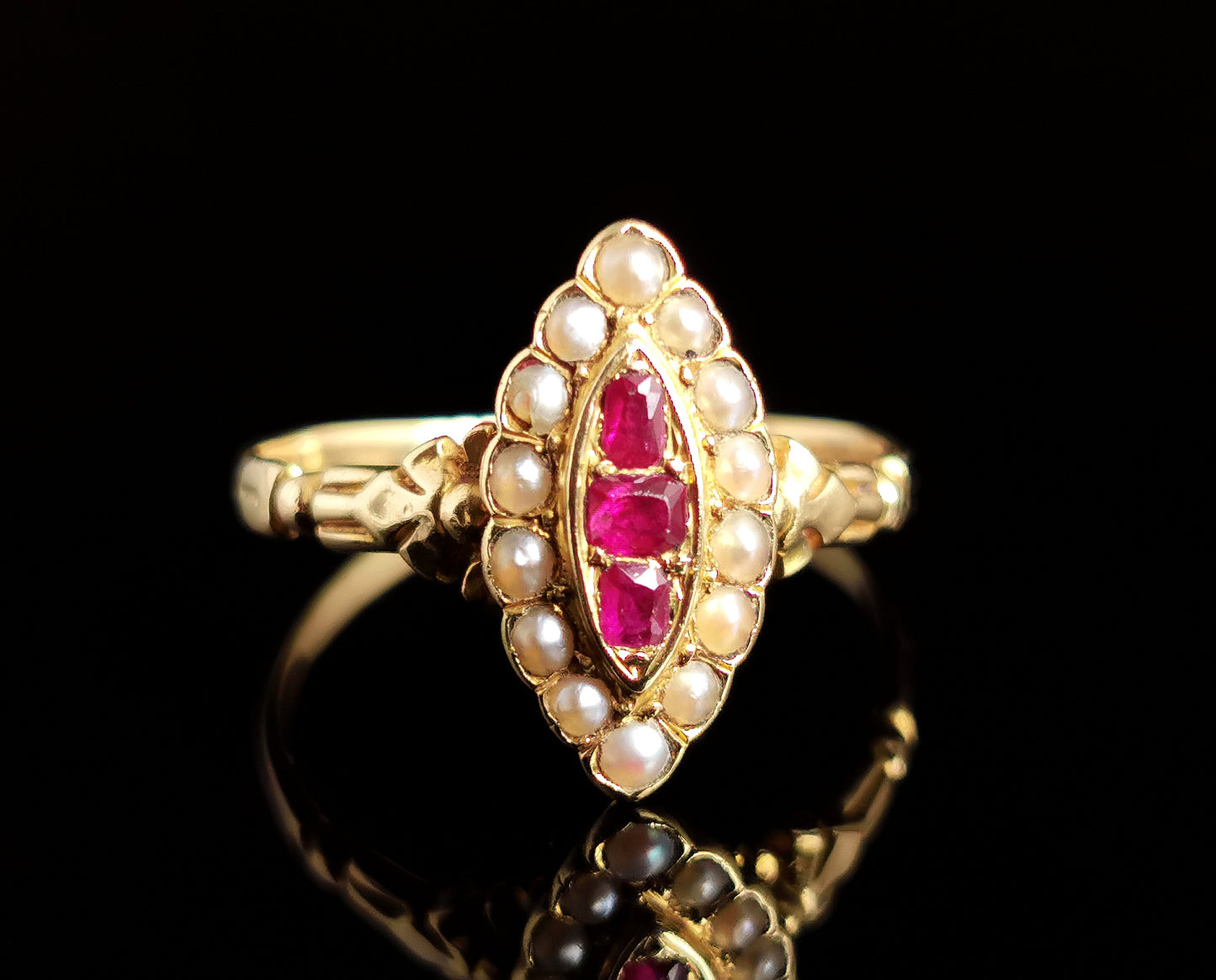 Antique Ruby and pearl navette ring, 18ct gold, Victorian