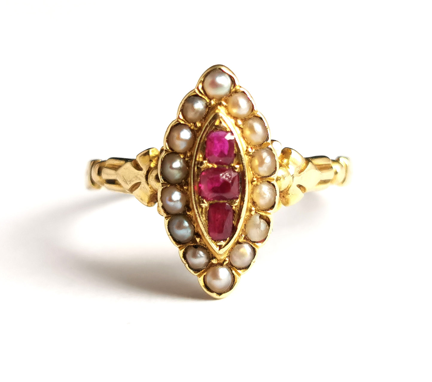 Antique Ruby and pearl navette ring, 18ct gold, Victorian