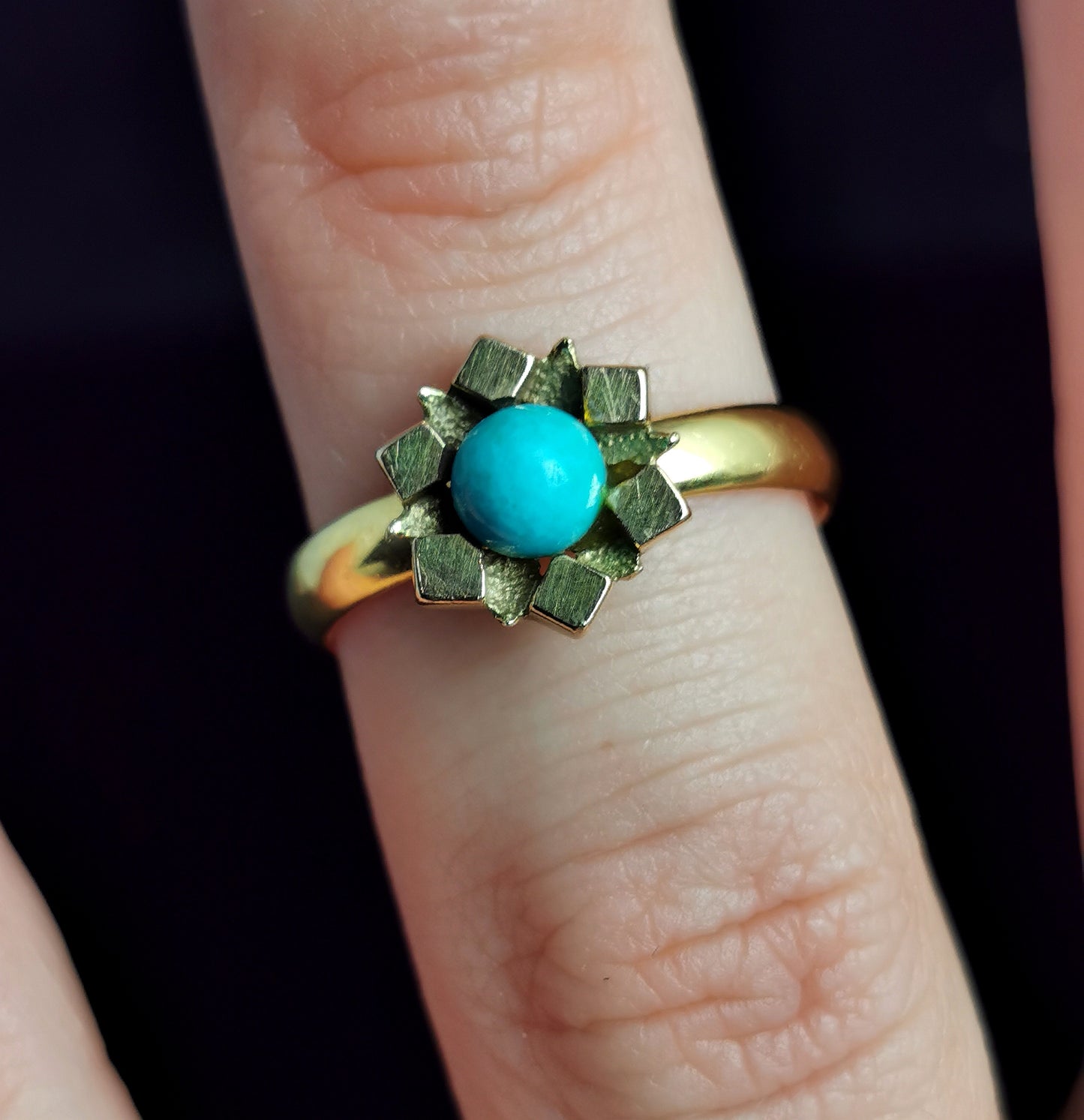 Antique Victorian 22ct gold band ring, Turquoise flower