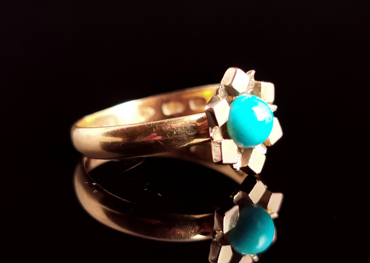 Antique Victorian 22ct gold band ring, Turquoise flower