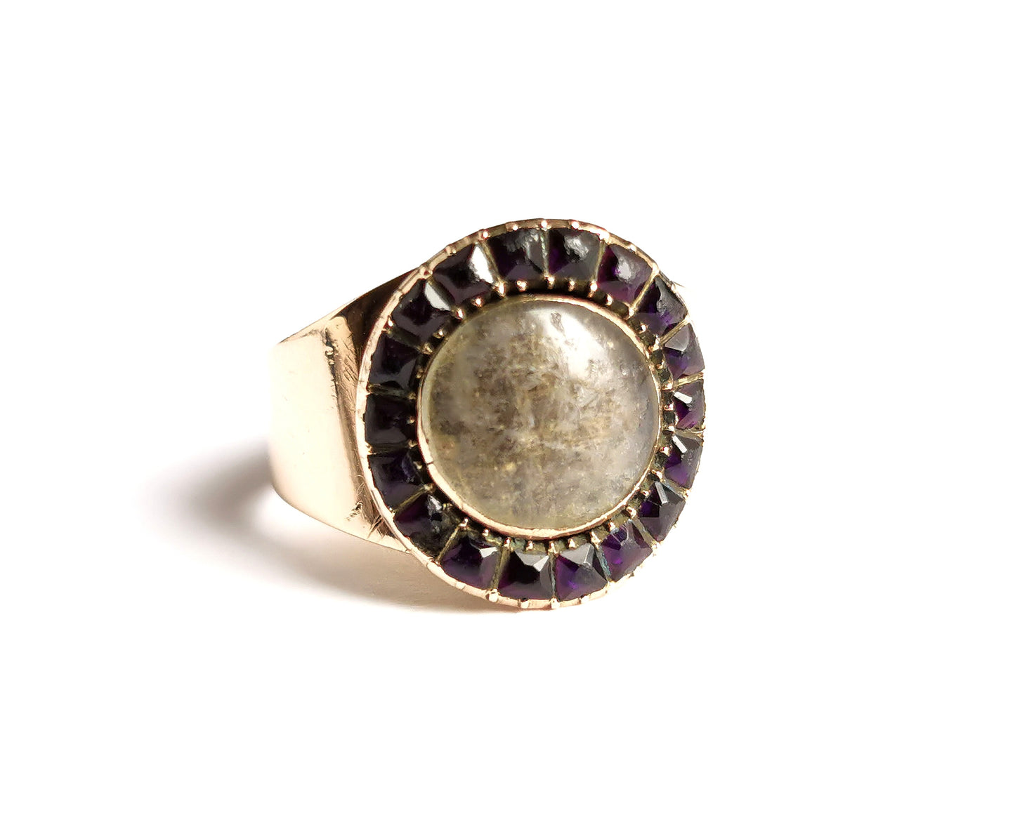 Antique Georgian mourning ring, Amethyst paste and hairwork, 9ct Rose gold