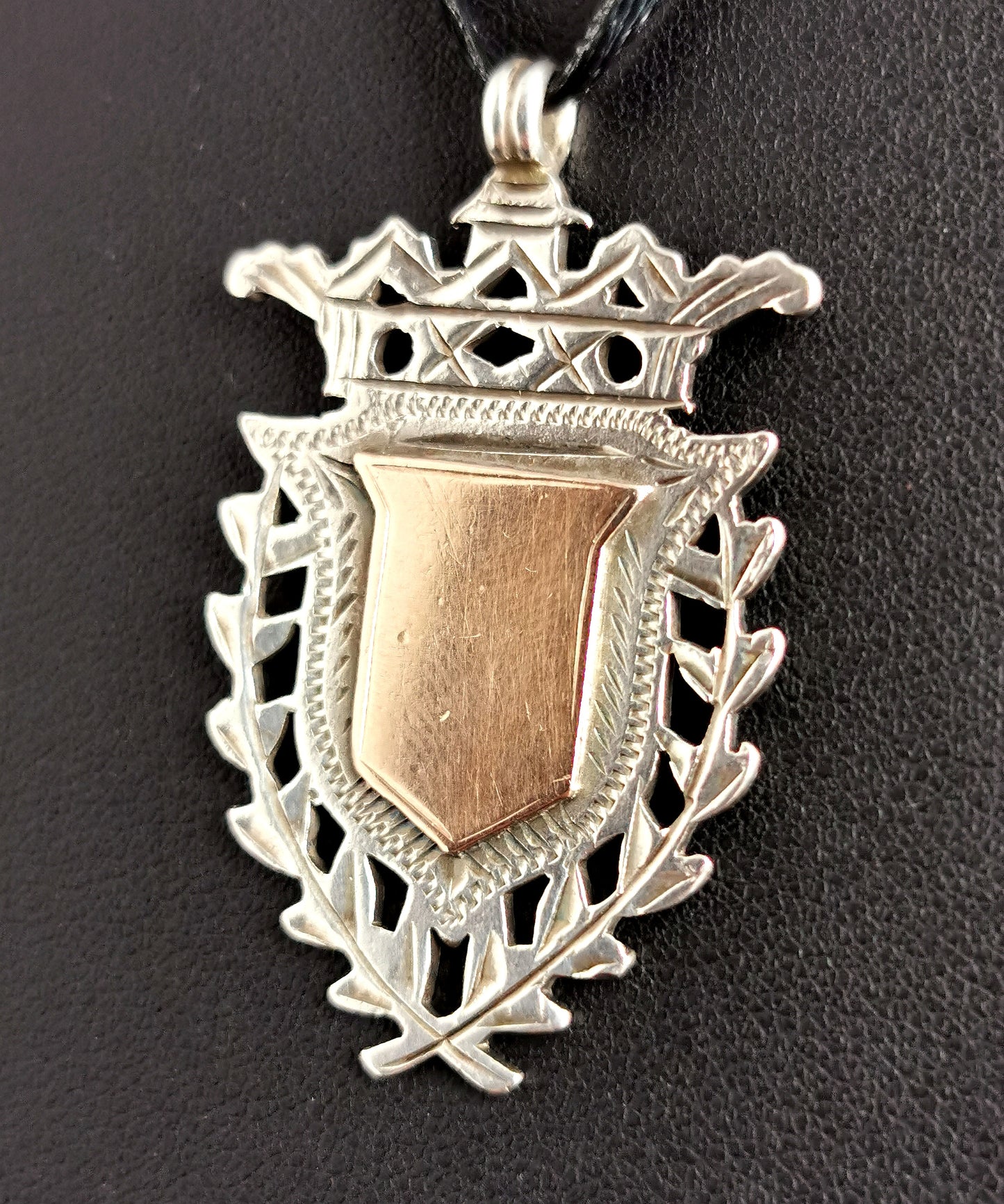 Antique Edwardian silver shield fob pendant, watch fob, 9ct Rose gold