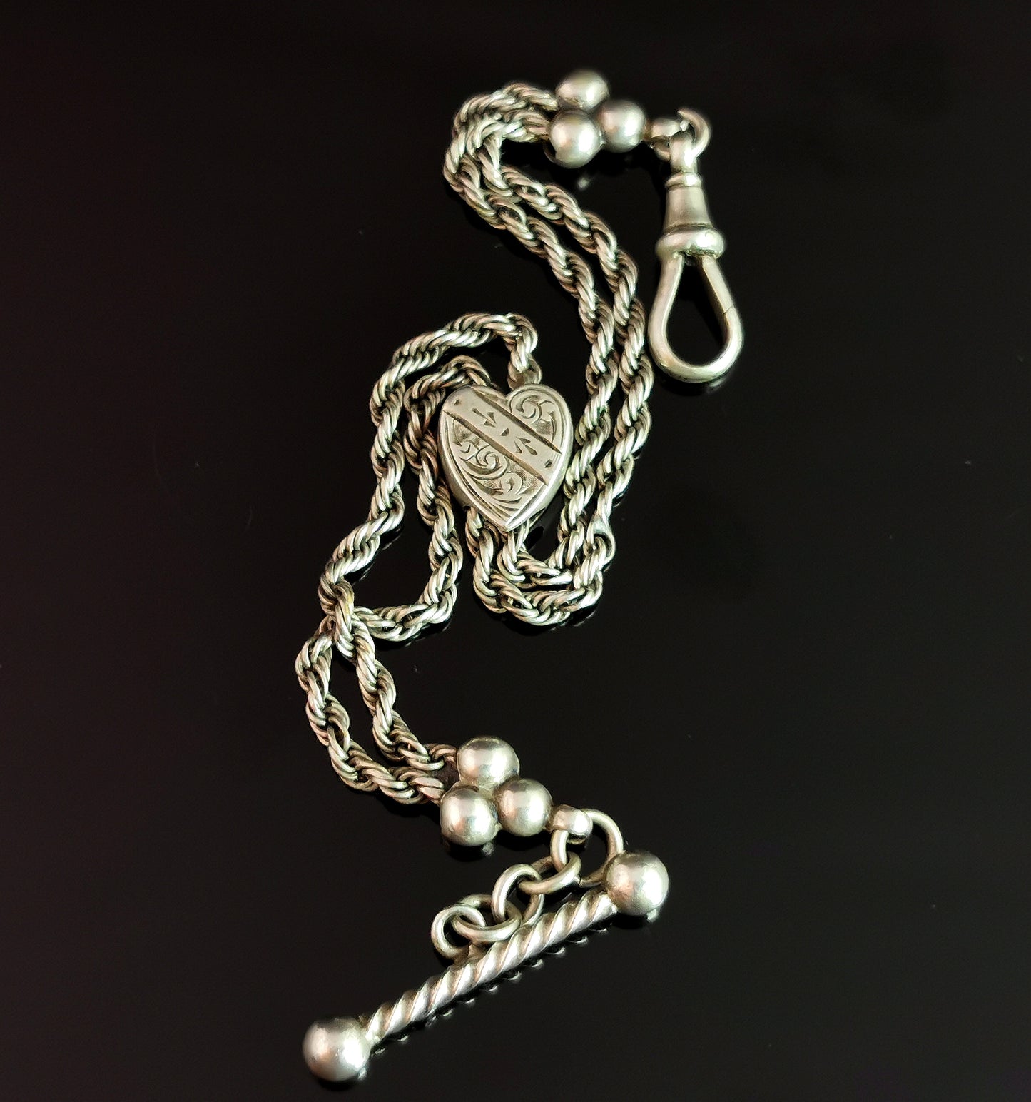 Antique Victorian silver Albertina chain, bracelet, Heart slider