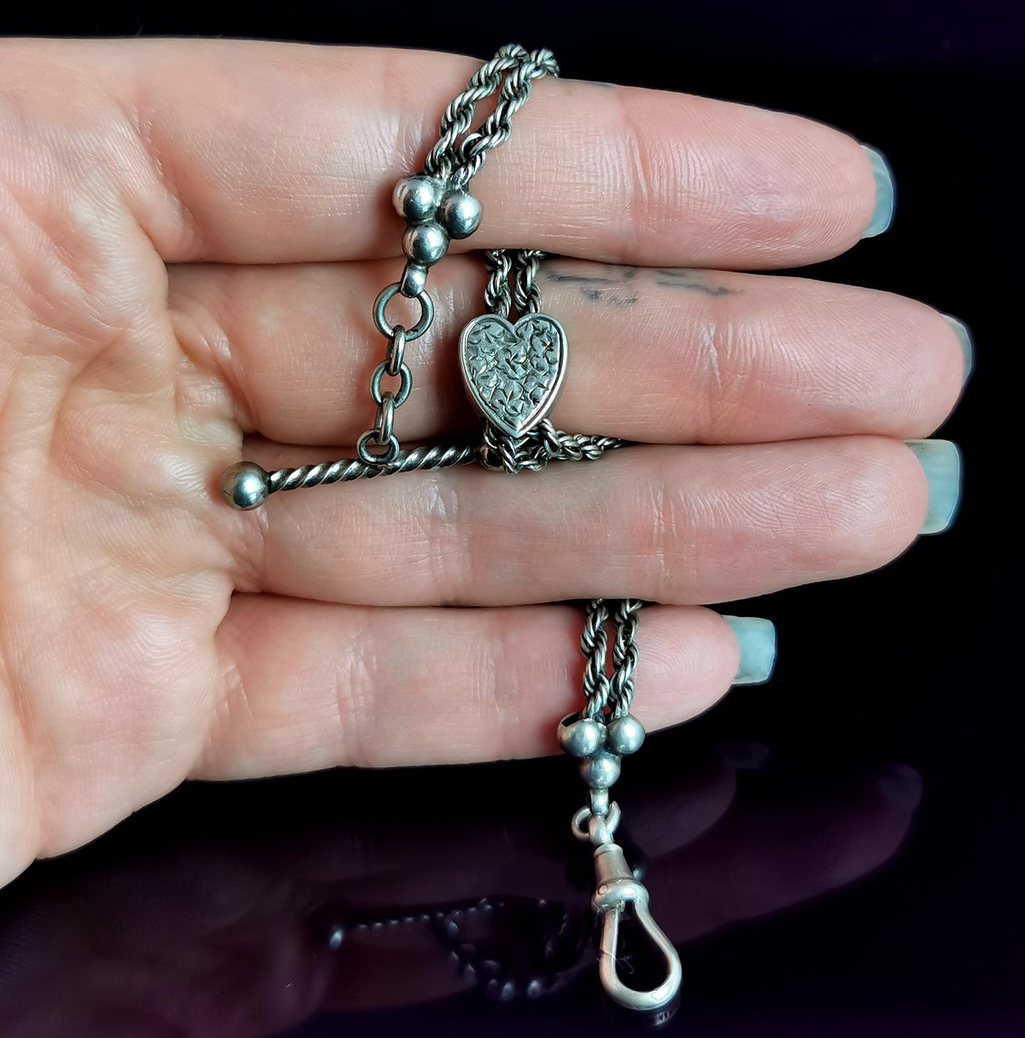 Antique Victorian silver Albertina chain, bracelet, Heart slider