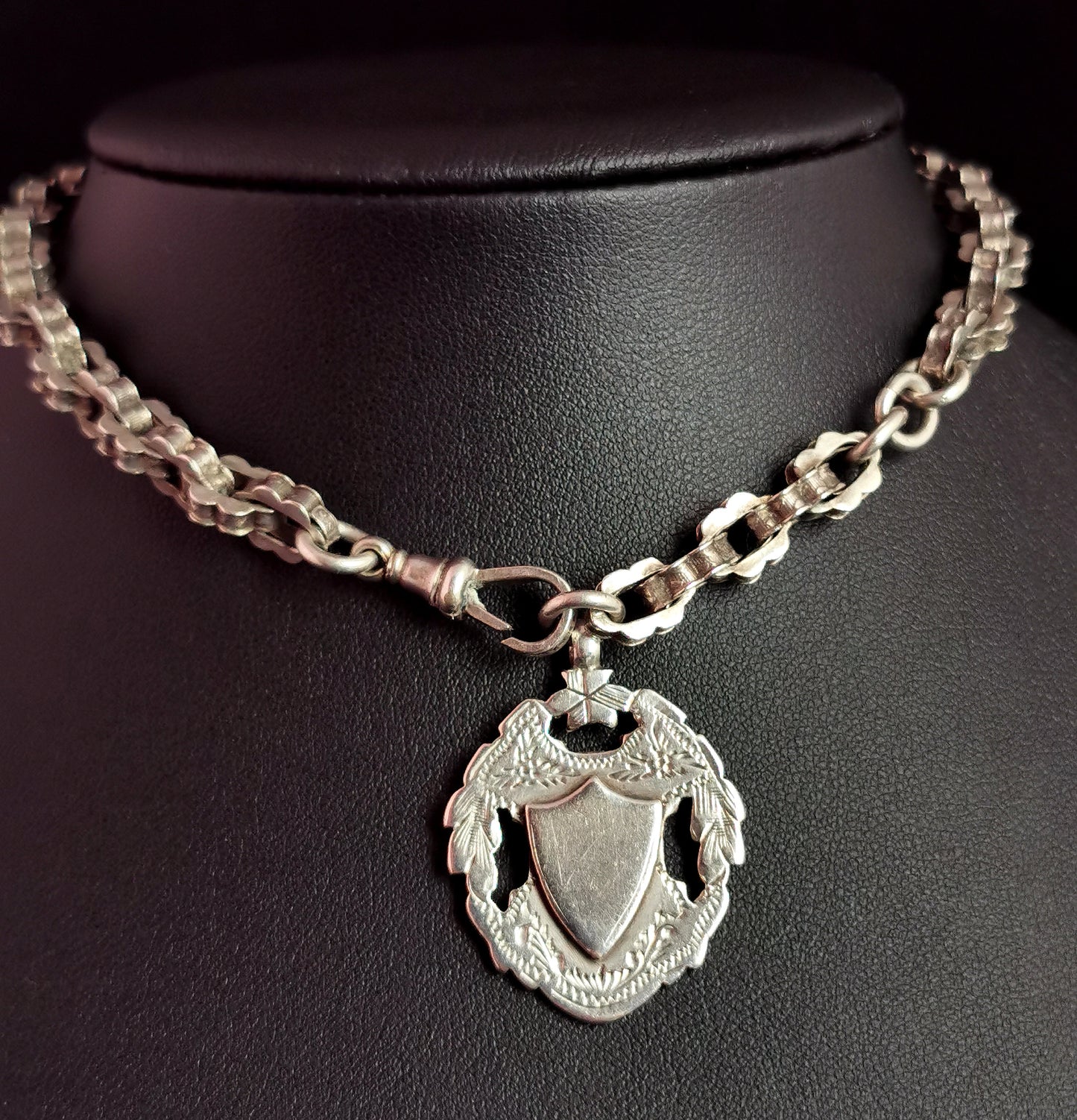 Antique fancy link sterling silver Albert chain, watch chain, fob