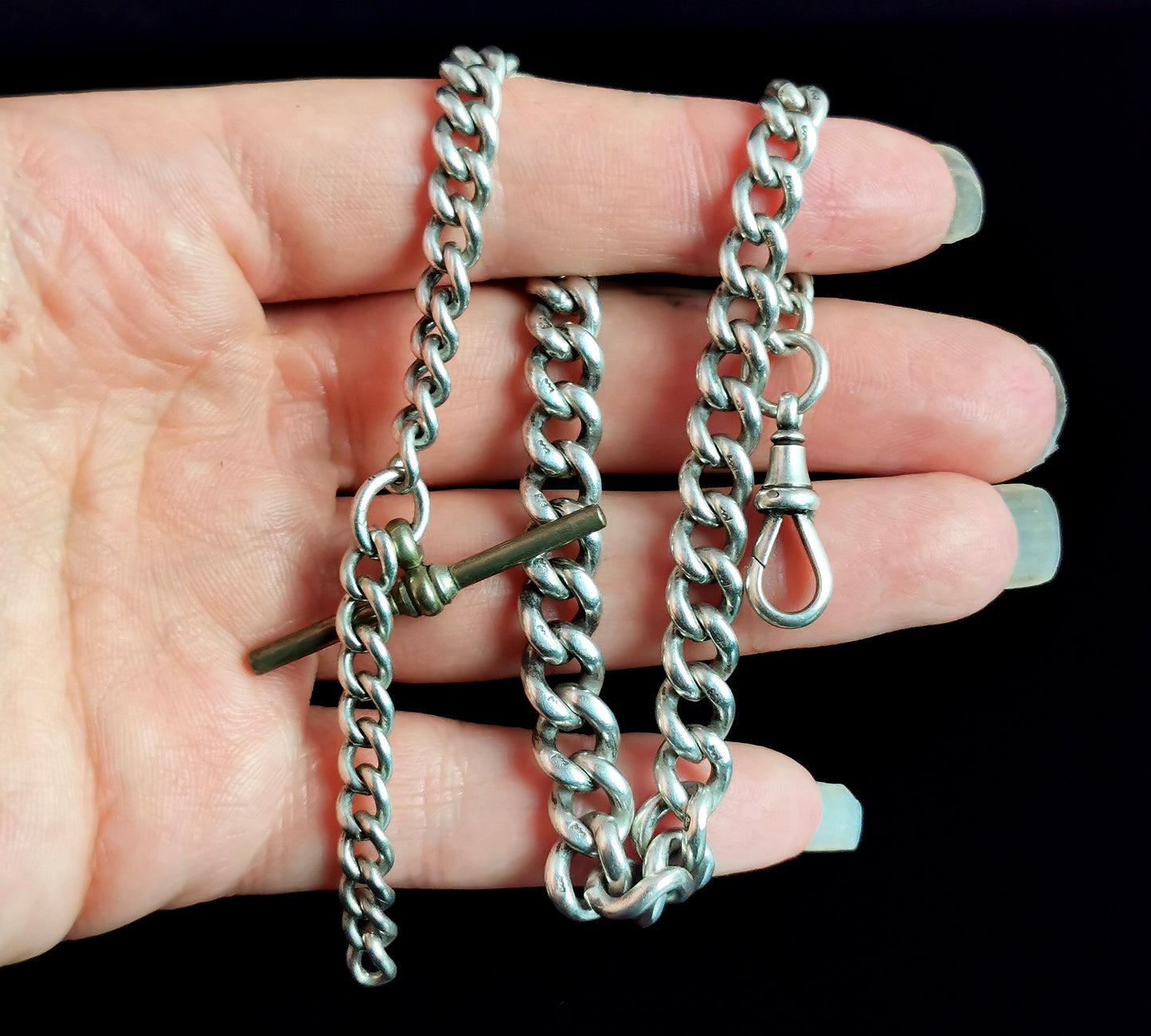 Antique sterling silver Albert chain, watch chain, Curb link