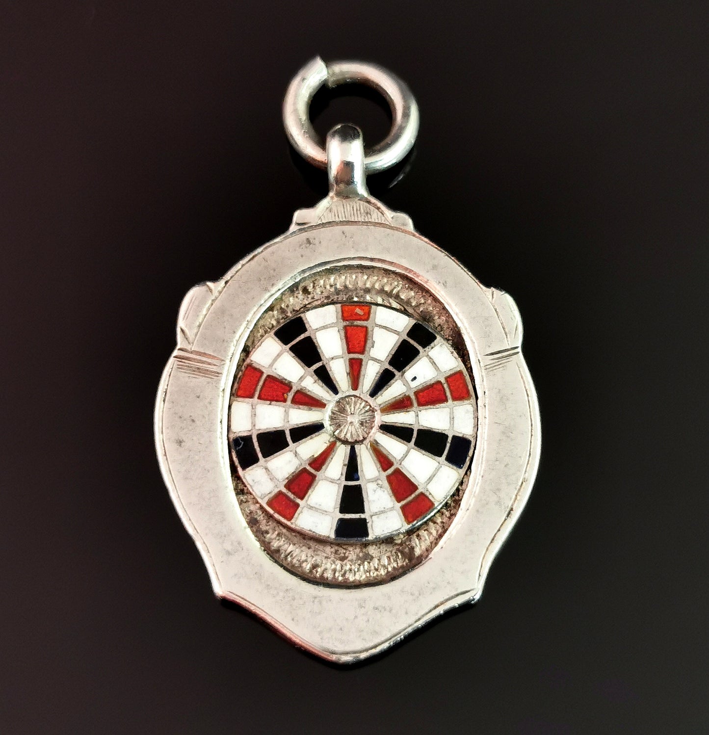 Vintage sterling silver and enamel fob pendant, watch fob, Darts, Dartboard