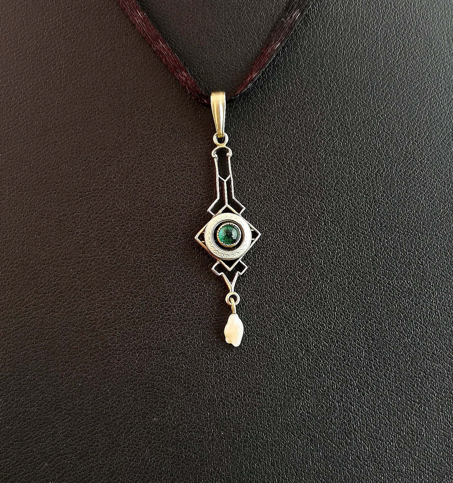 Antique Art Nouveau Emerald paste Drop pendant, Silver gilt, Guilloche enamel, Baroque pearl