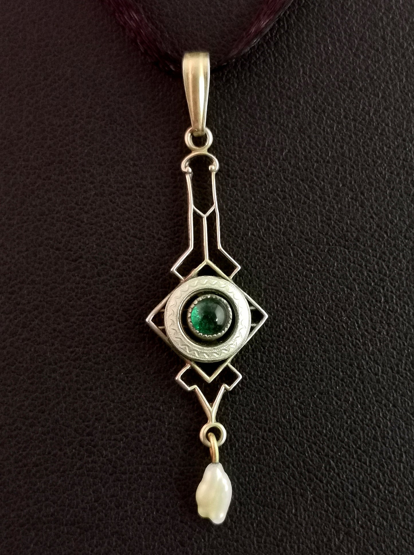 Antique Art Nouveau Emerald paste Drop pendant, Silver gilt, Guilloche enamel, Baroque pearl