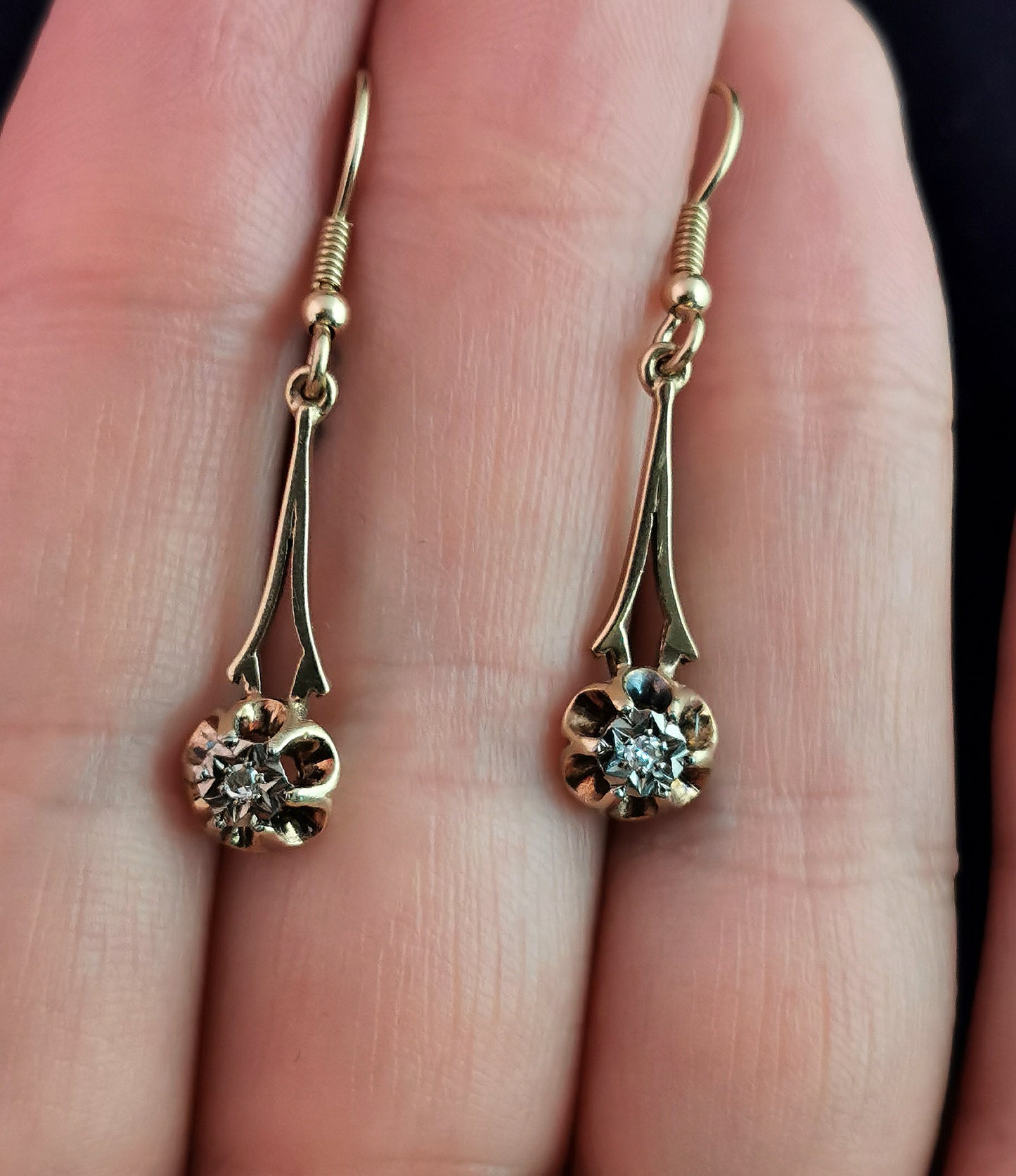 Antique Diamond drop earrings, 9ct gold, Edwardian